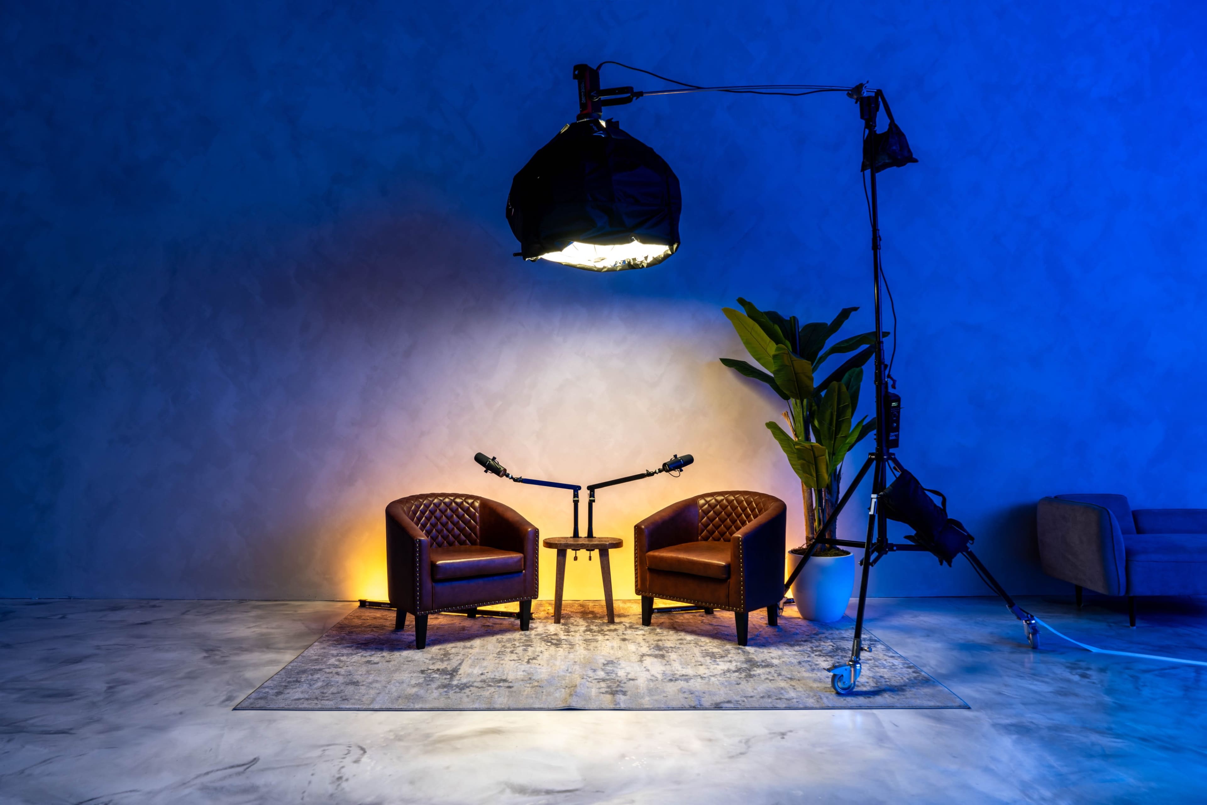 Two brown leather chairs face each other on a patterned rug under a large overhead light in a softly lit studio setting with a potted plant nearby.