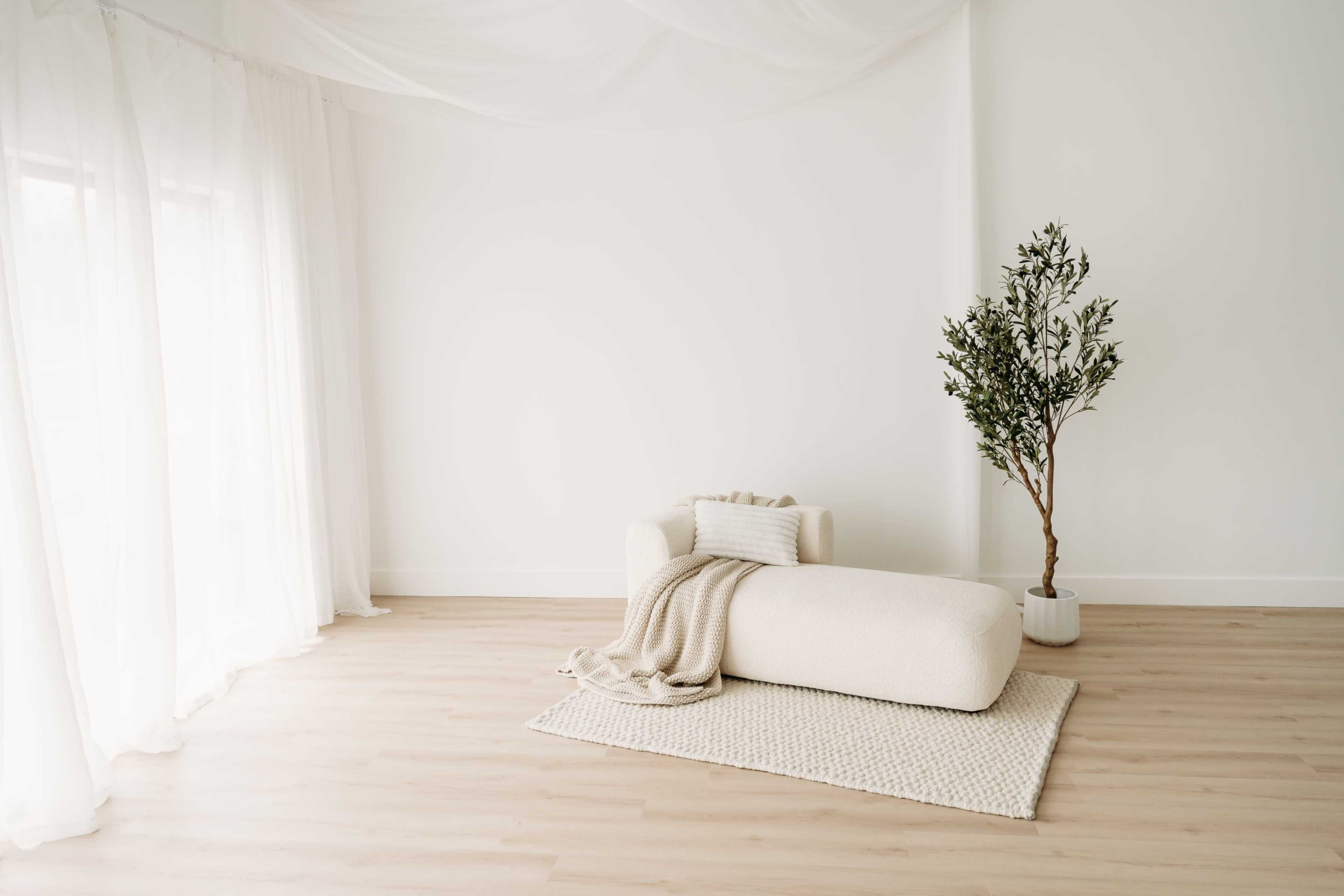 A minimalist room features a beige lounge chair with a blanket and cushion on a textured rug, accompanied by a small indoor plant near a large window with sheer curtains.