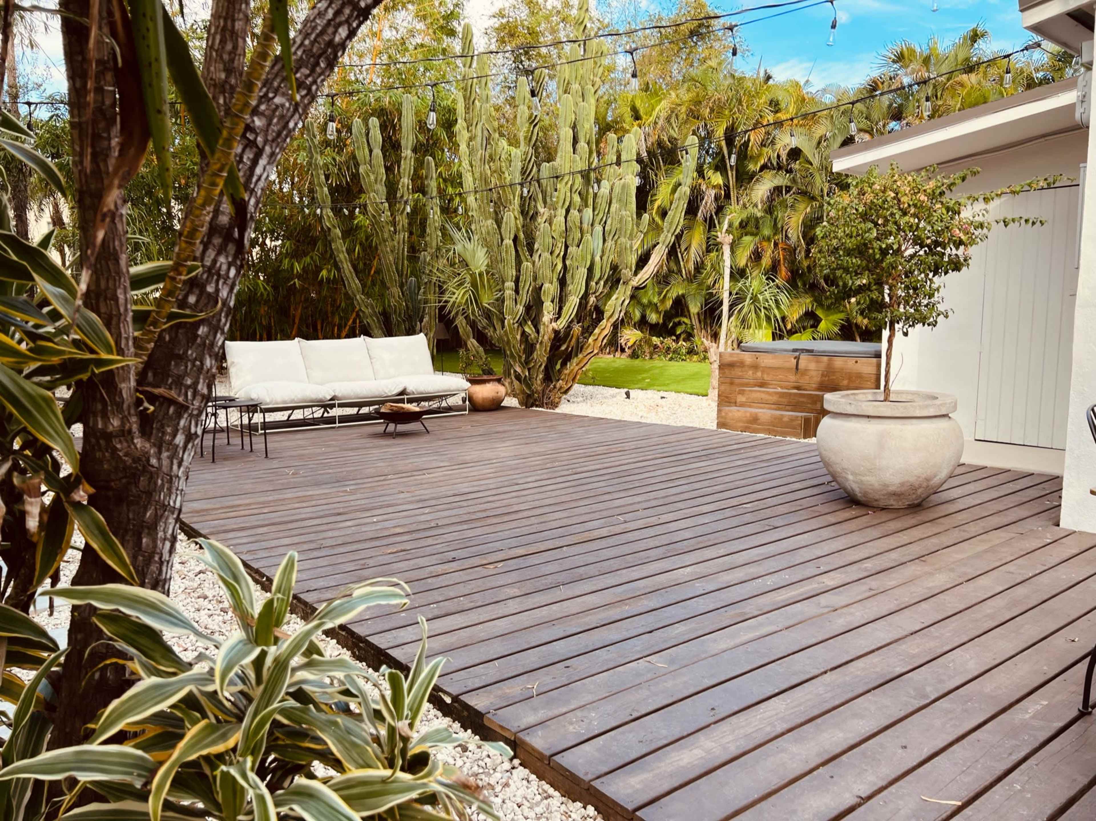 A wooden deck features a seating area with a couch, surrounded by various plants and cacti.