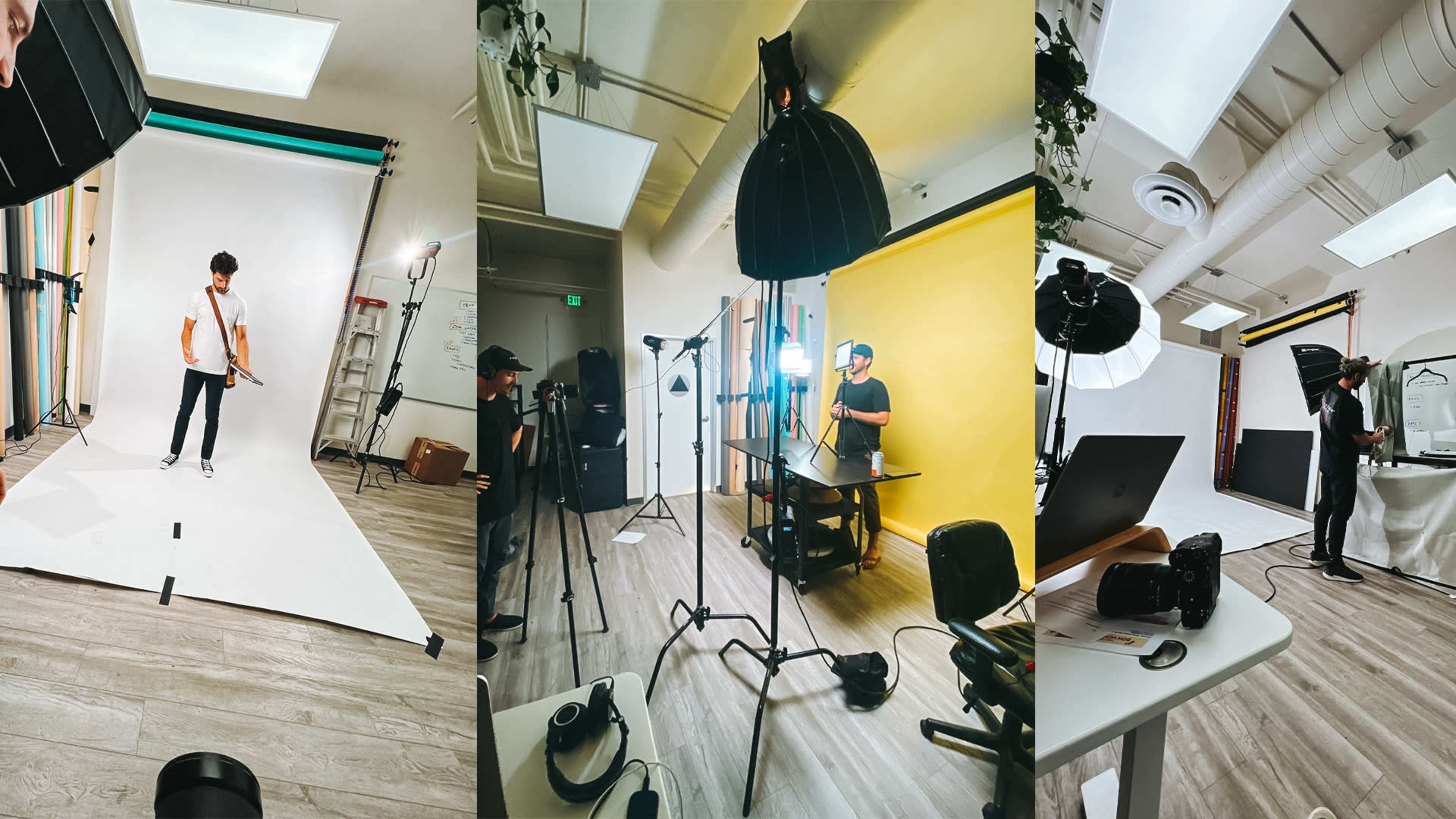 A photography studio setup features three different scenes, including models posing against various backdrops and equipment for lighting and capturing images.