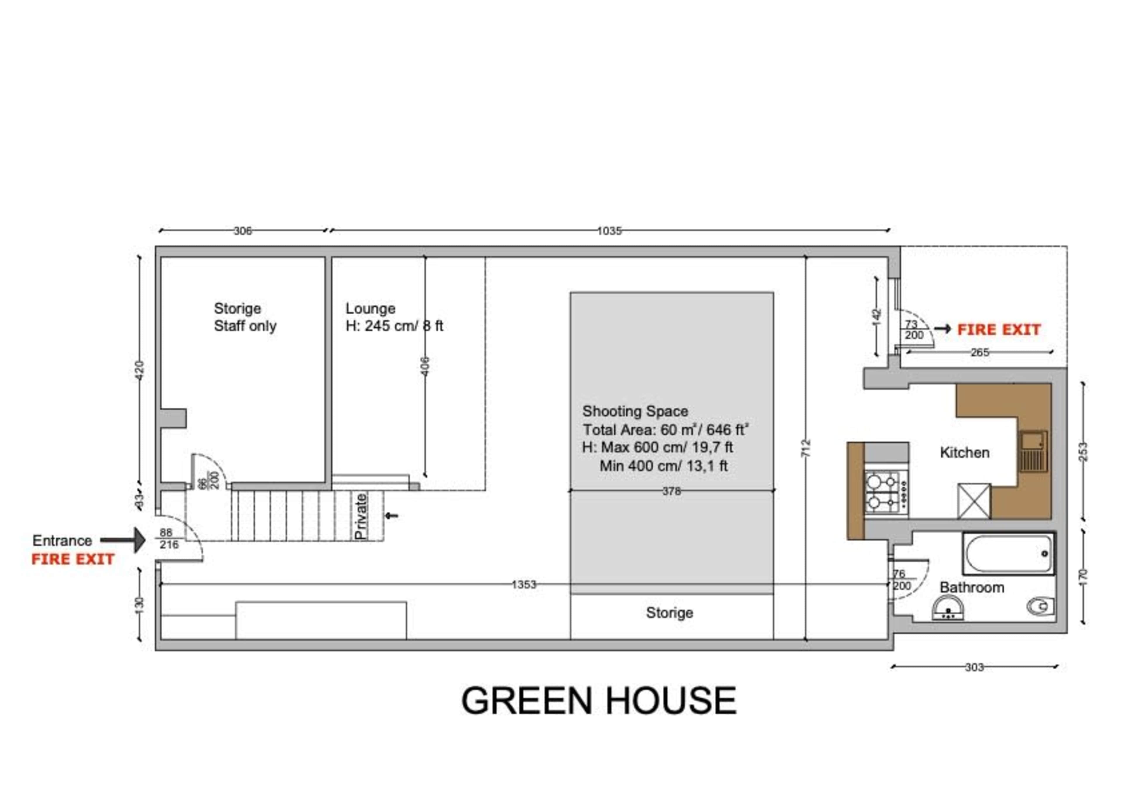 The image displays a floor plan of a greenhouse featuring designated areas for storage, a lounge, a shooting space, a kitchen, and a bathroom, along with marked exits.