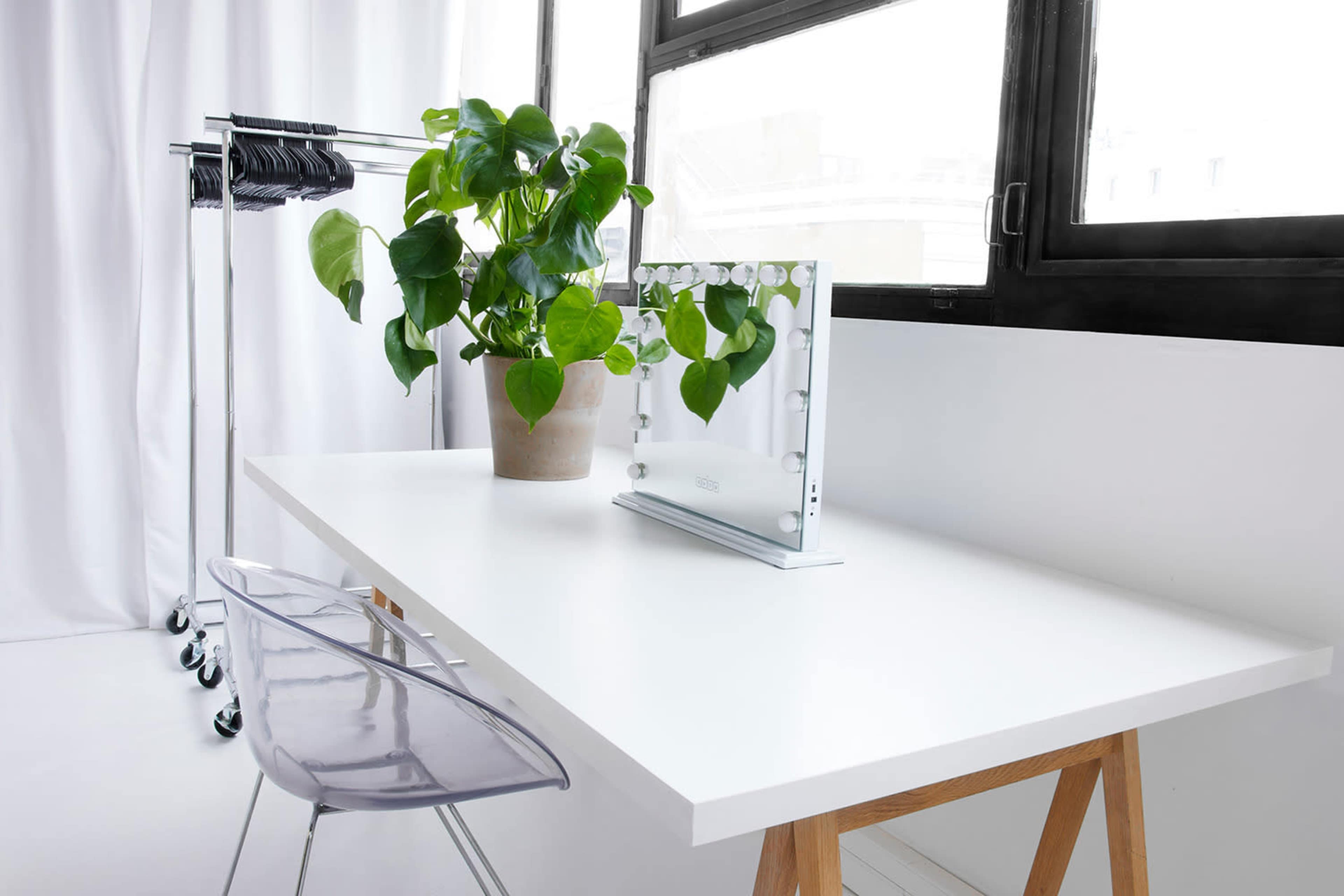 The image features a minimalist workspace with a white table, a large potted plant, a mirror with lights, and a clothing rack in the background.