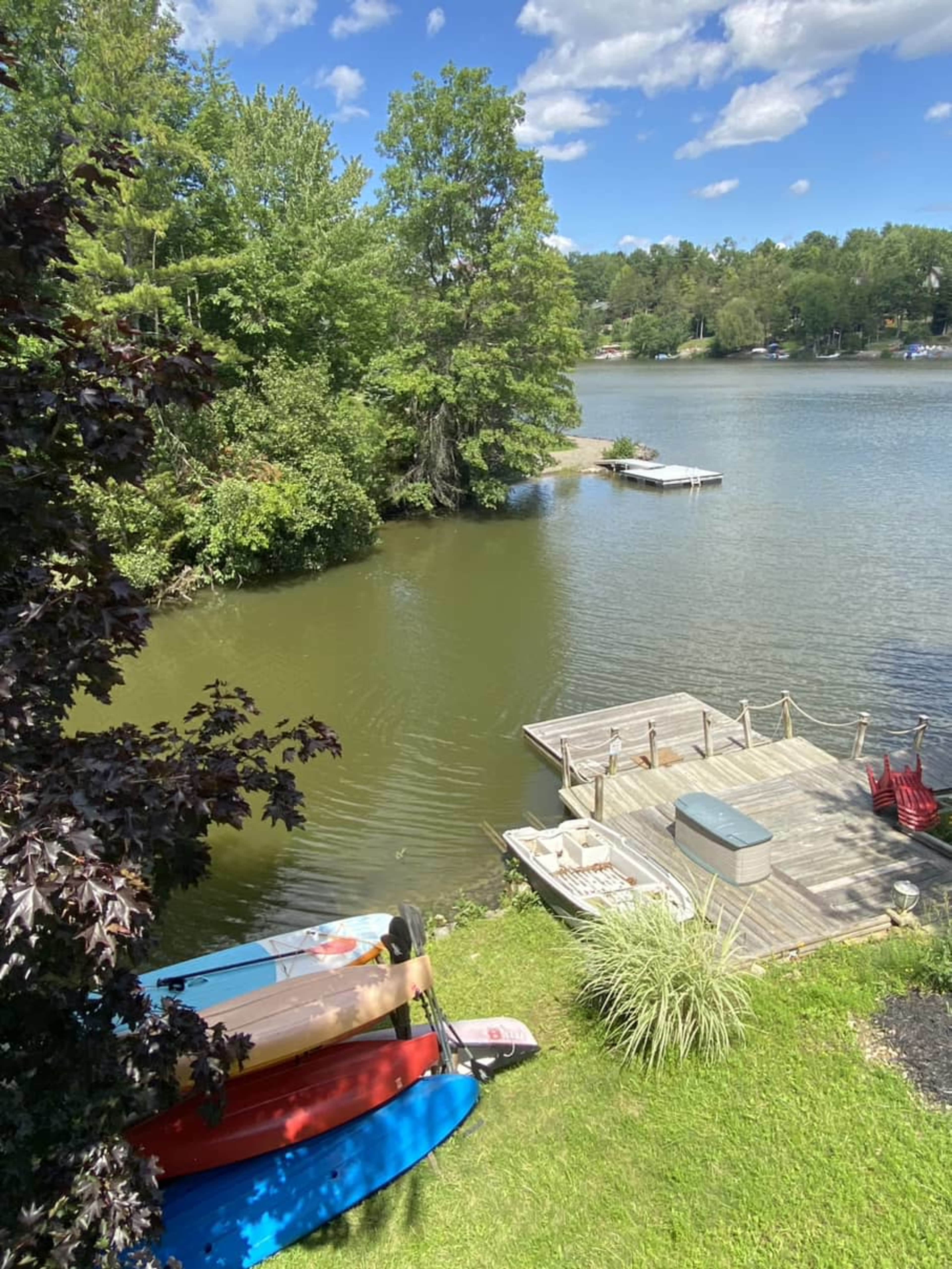 A collection of colorful kayaks and canoes are lined up on the grass near a calm lake with a wooden dock in the background.