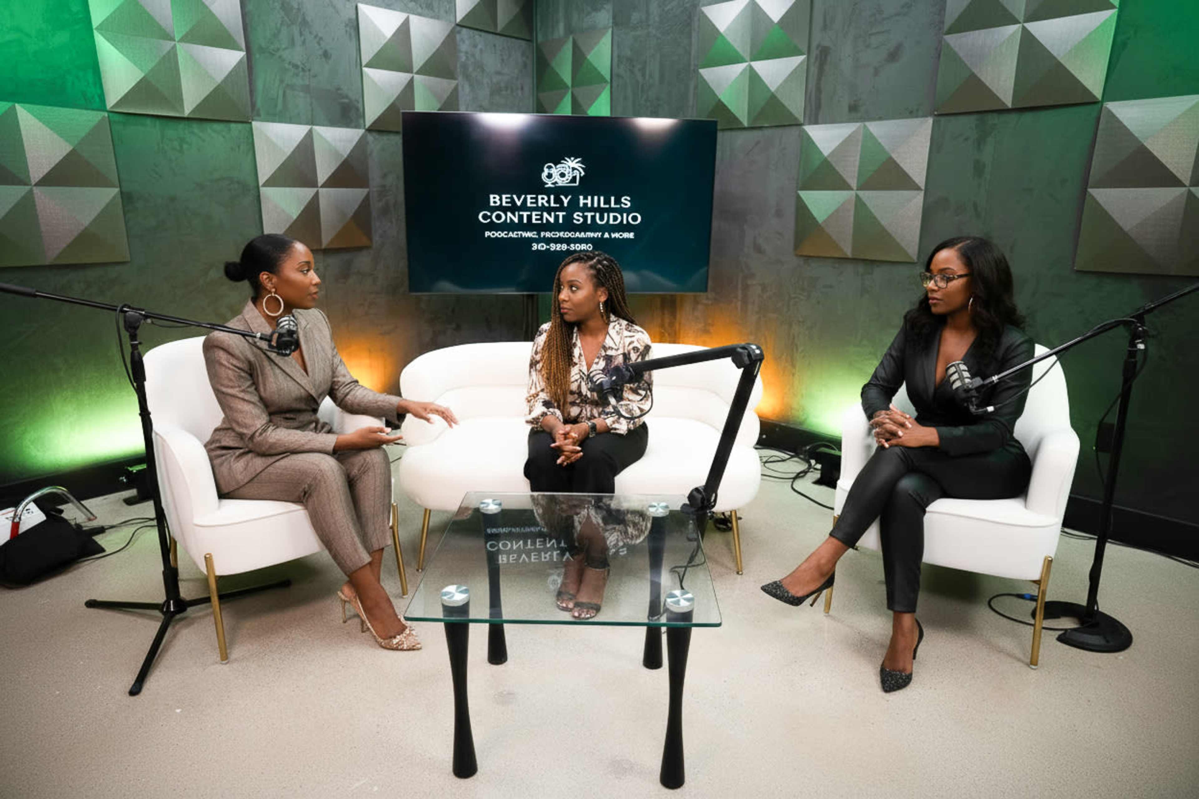 Three women sit on white chairs in a modern recording studio with soundproof walls, discussing content creation while microphones are set up in front of them.