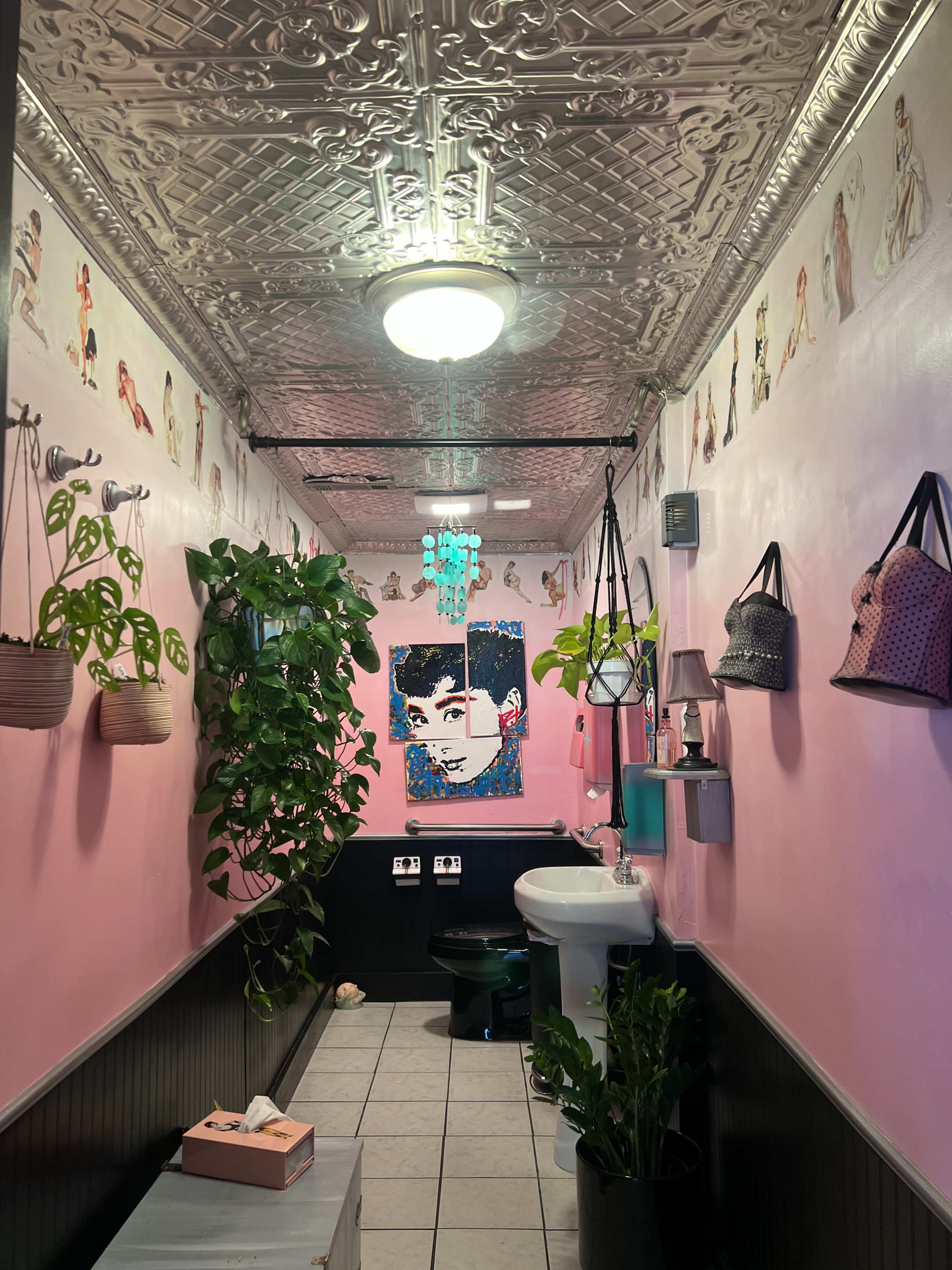 The image shows a brightly colored, narrow hallway with pink walls adorned with artwork, a potted plant, and various decorative items.