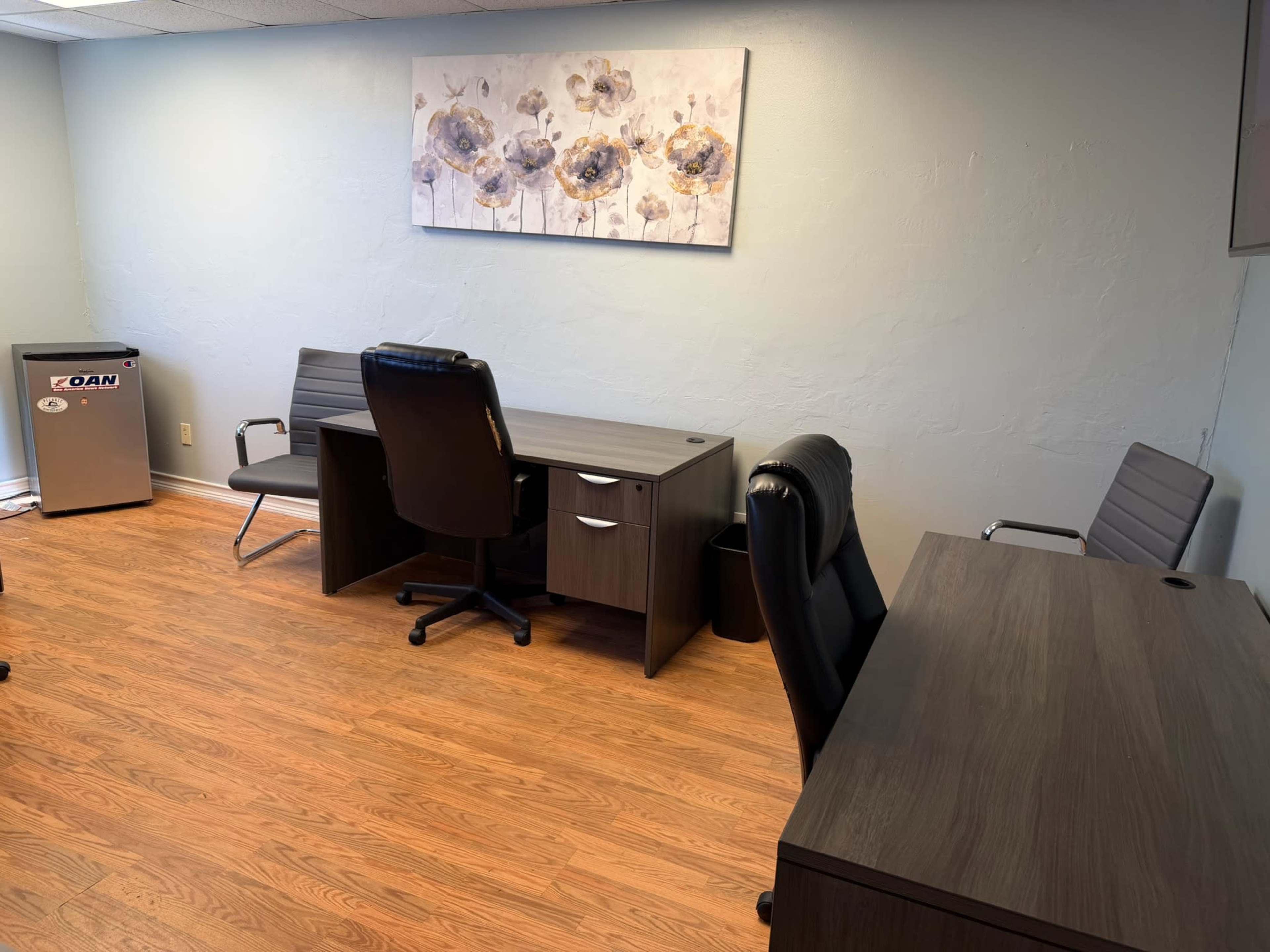 The image shows an office space with two desks, three chairs, and a decorative piece of art on the wall.