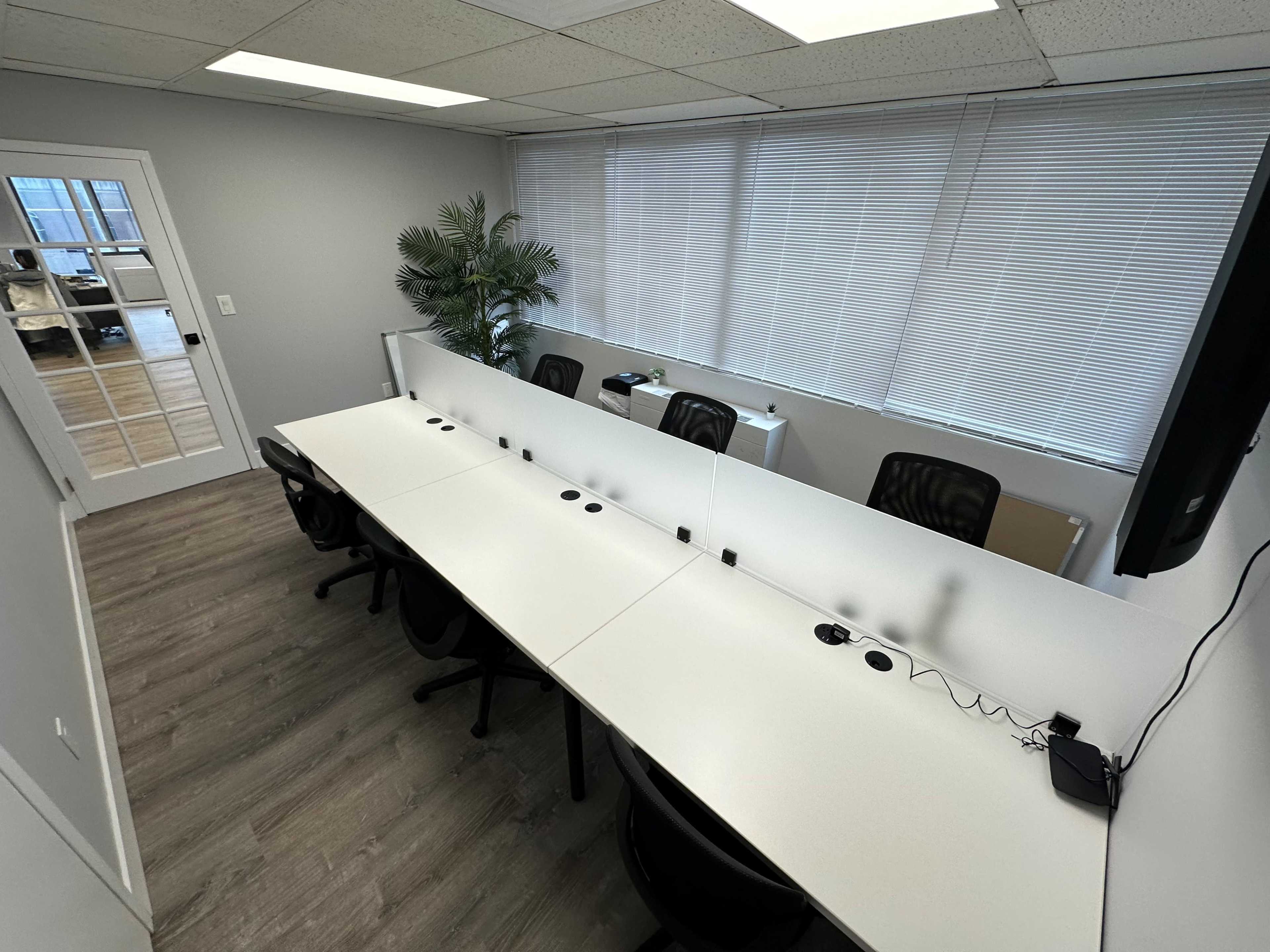 A bright office space features a long white table with multiple black chairs and a plant near the window.