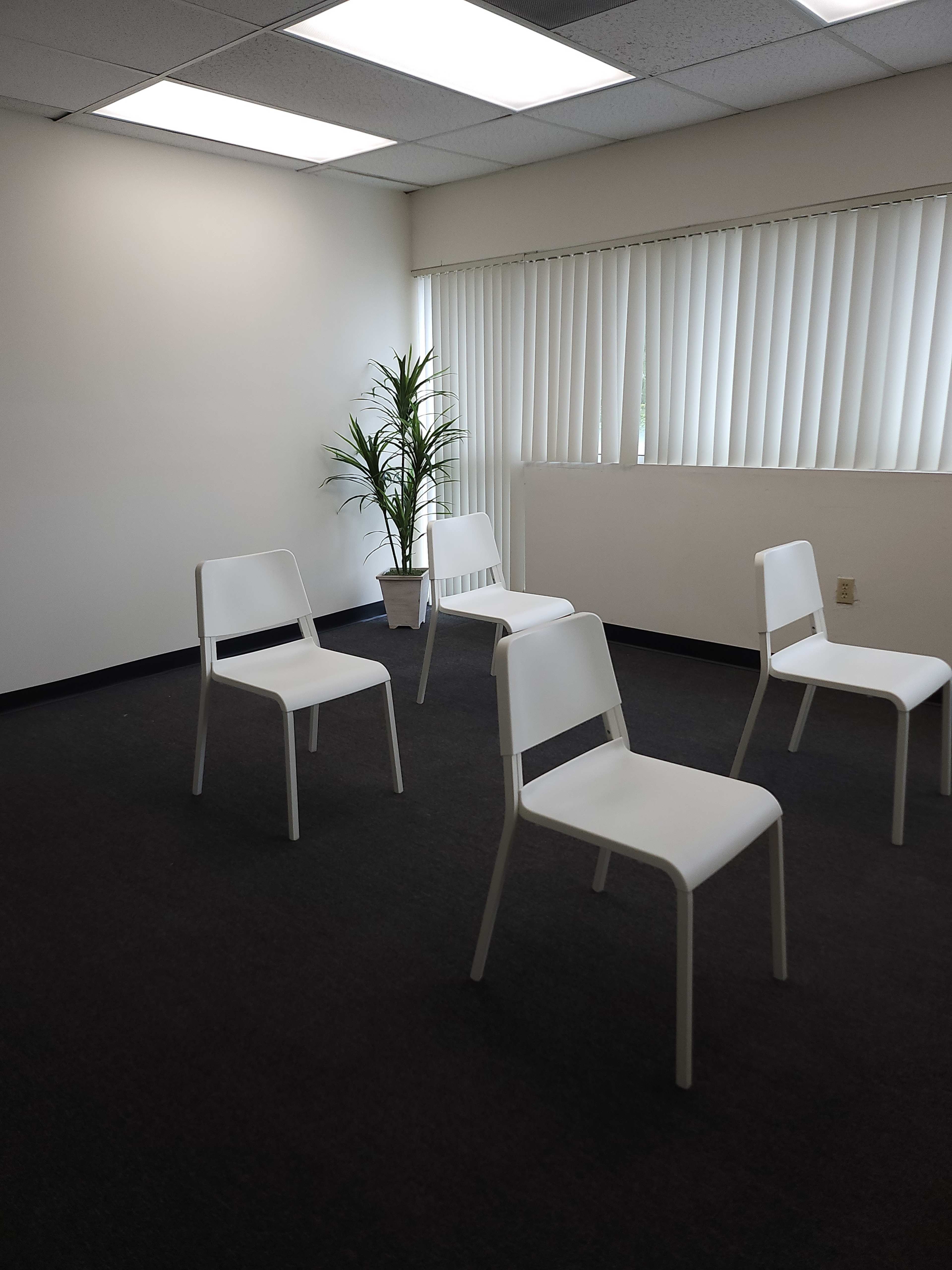A sparsely furnished room with four white chairs arranged in a circle around a potted plant by a window.