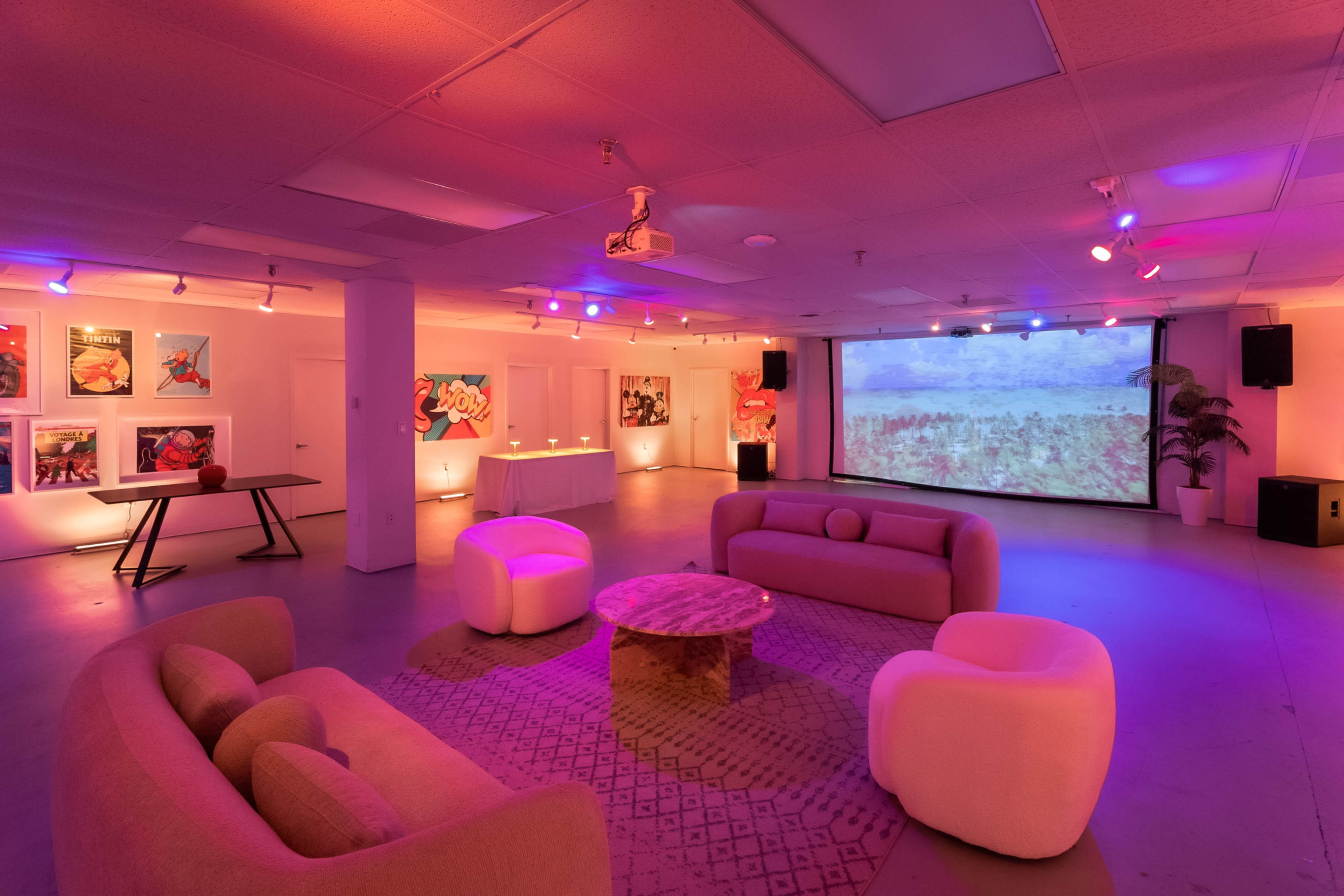 The image shows a spacious, illuminated room with a projector screen displaying a nature scene, surrounded by modern, circular furniture and colorful artwork on the walls.