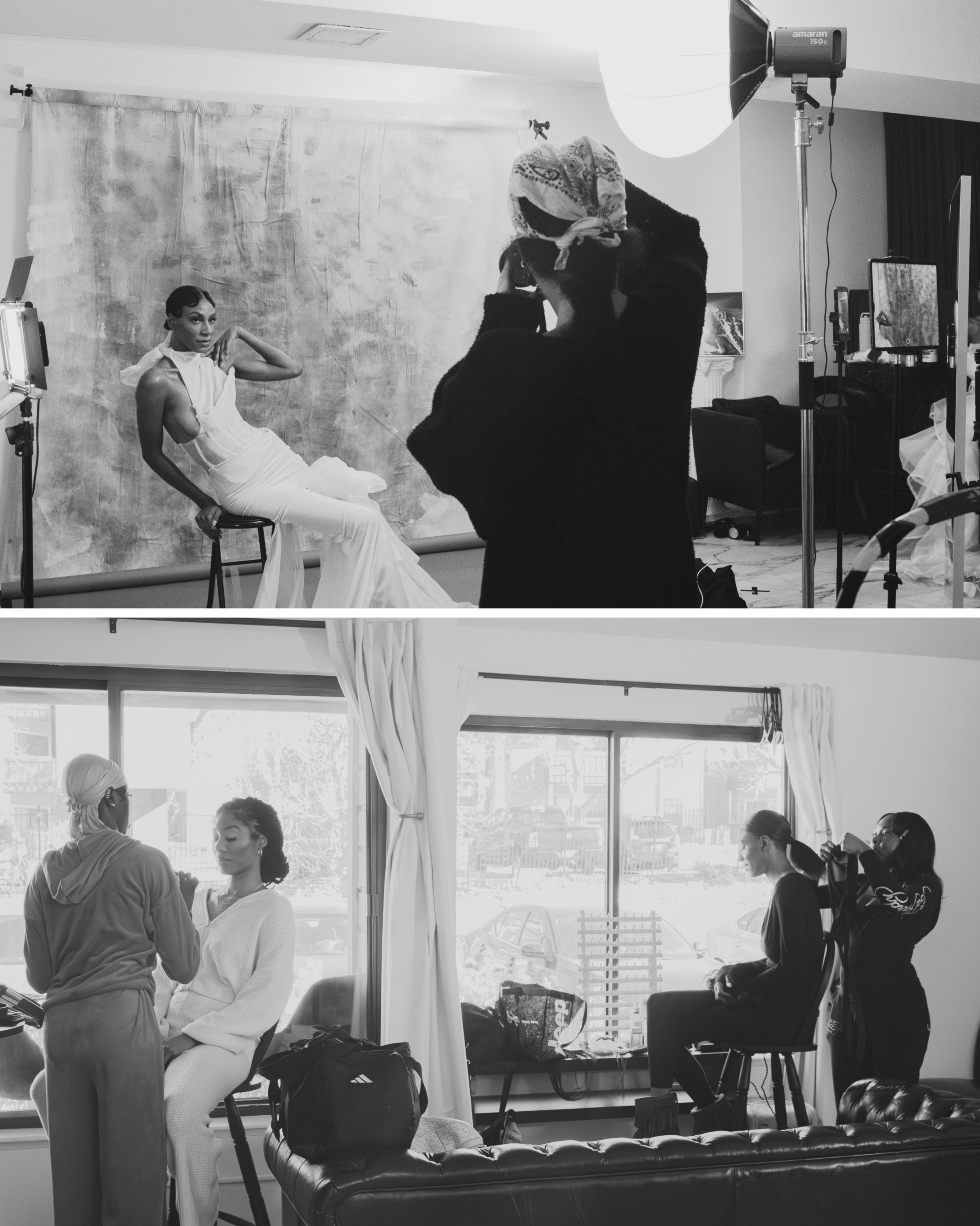 The image depicts a split scene of a photoshoot, with the top half showing a model in a white dress posed on a stool and a photographer capturing the shot, while the bottom half features two individuals preparing another model in front of a large window.