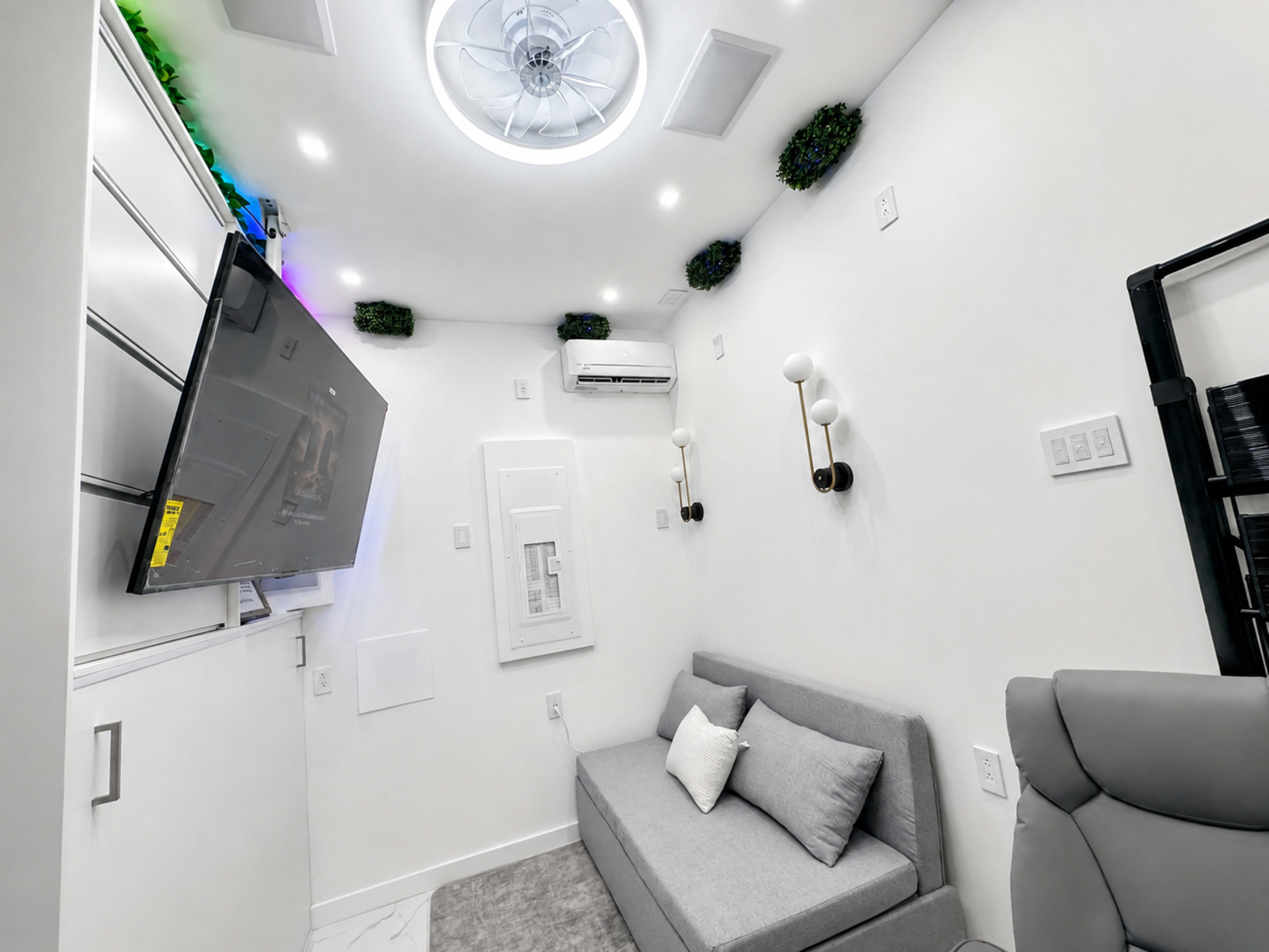 The image shows a small, modern room equipped with a gray sofa, a wall-mounted television, and decorative plants on the ceiling.