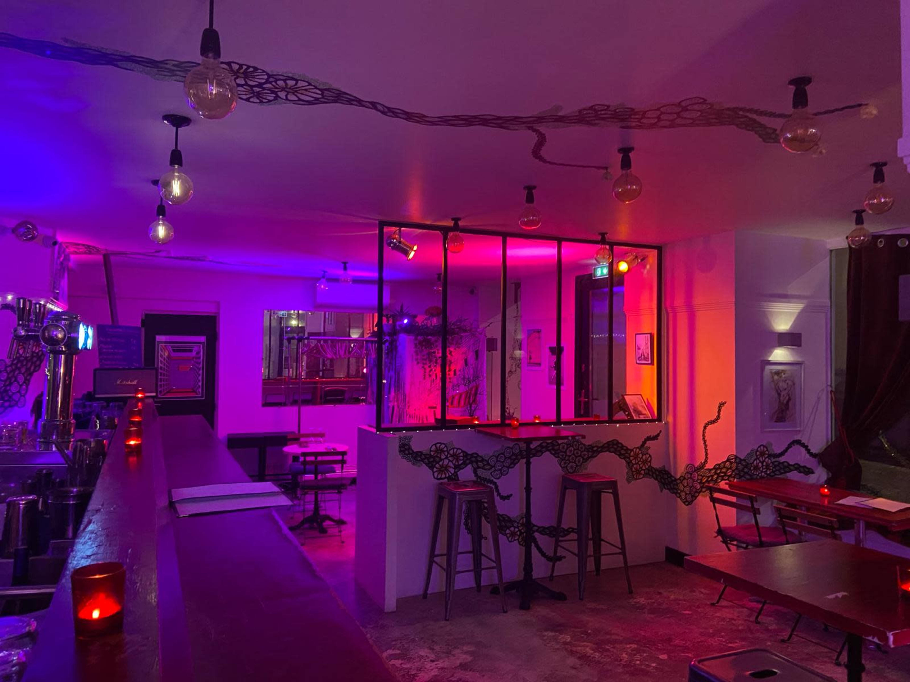 Restaurant lounge avec œuvres artistiques et cave voûtée en pierre. Système sono et light de boîte de nuit. Fresque peinte au plafond. Baies vitrées. Image dans Montmartre, Paris, 