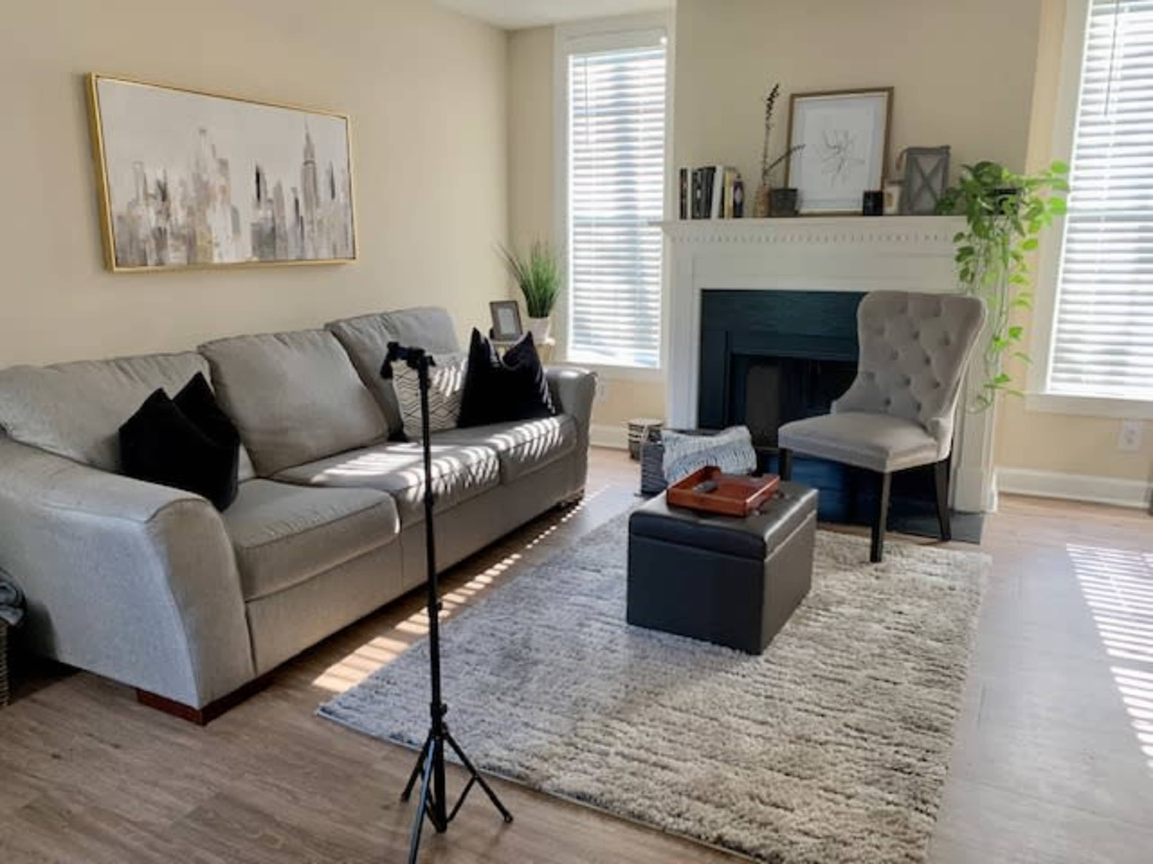 A living room featuring a gray sofa, a patterned rug, a black ottoman, and a chair next to a fireplace, all illuminated by natural light.