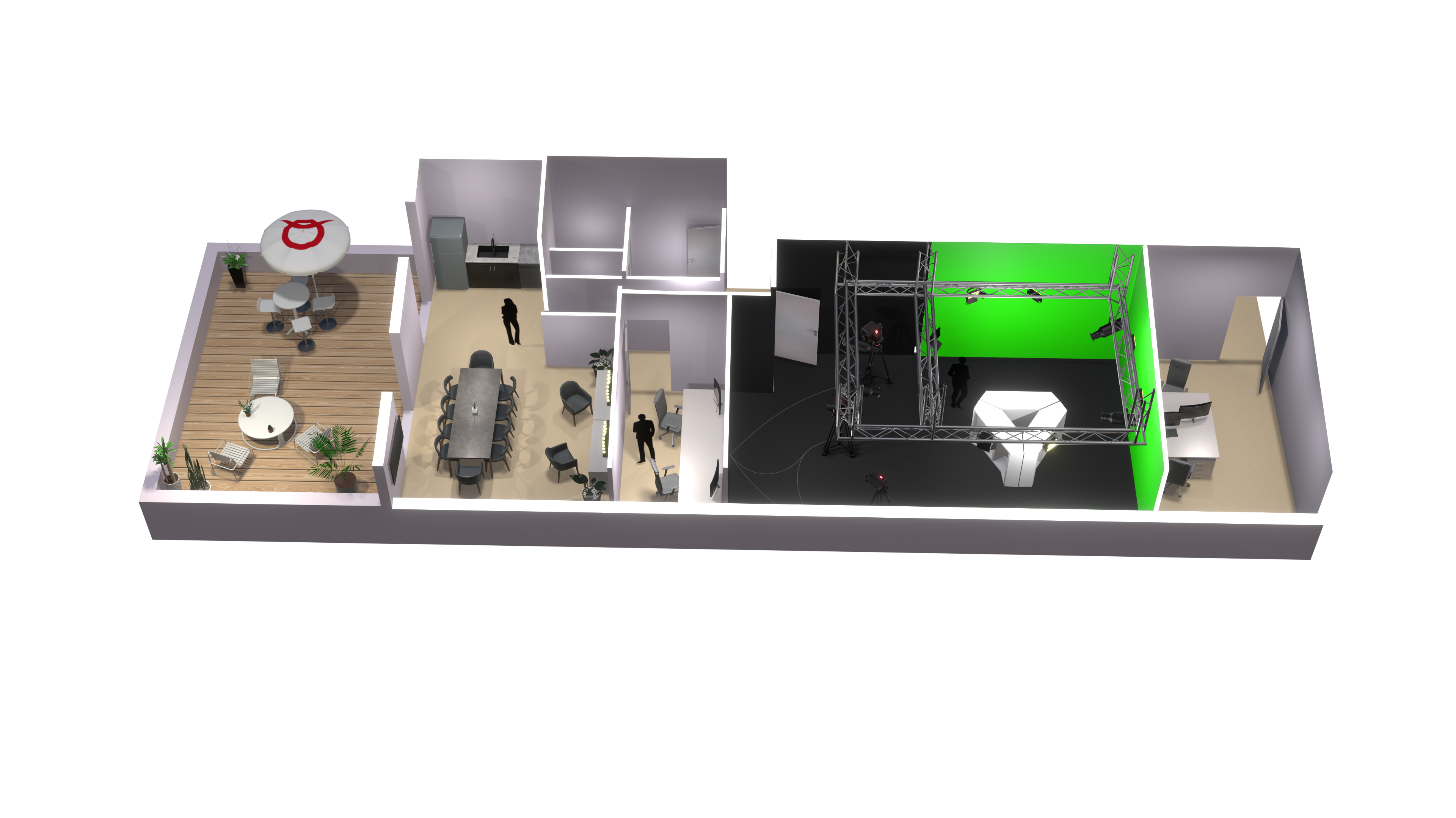 A top-down view of a modern office layout with a meeting area, workstations, and a green screen studio.