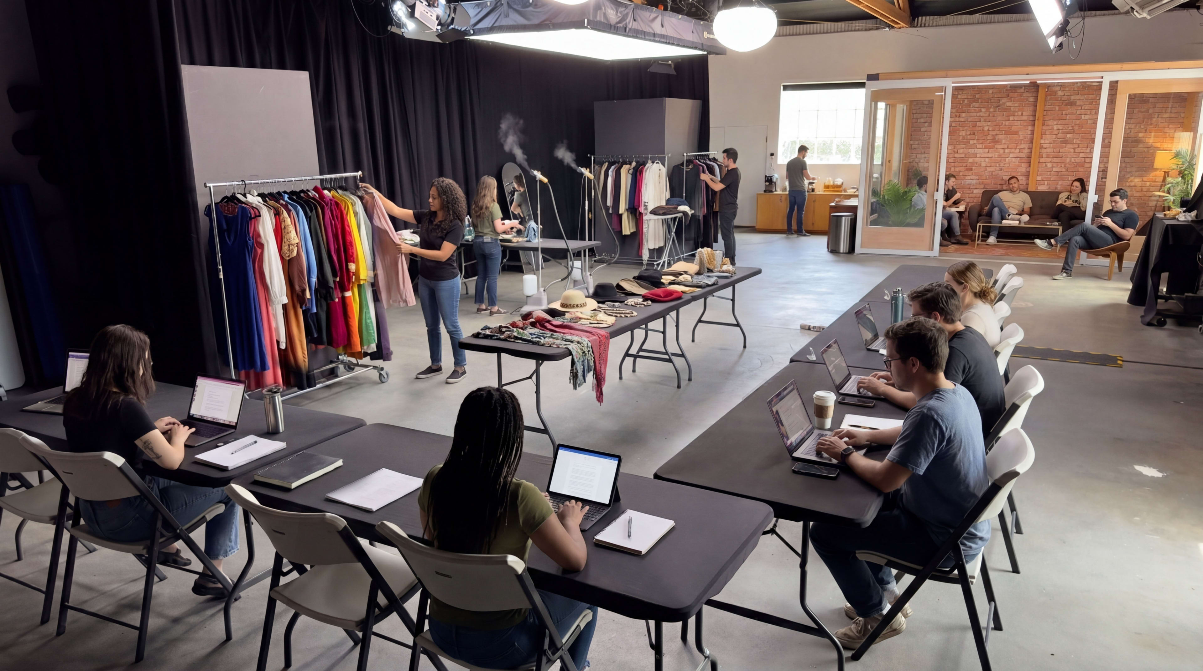 A studio space features people working at tables with laptops while others organize clothing on racks and display various accessories.