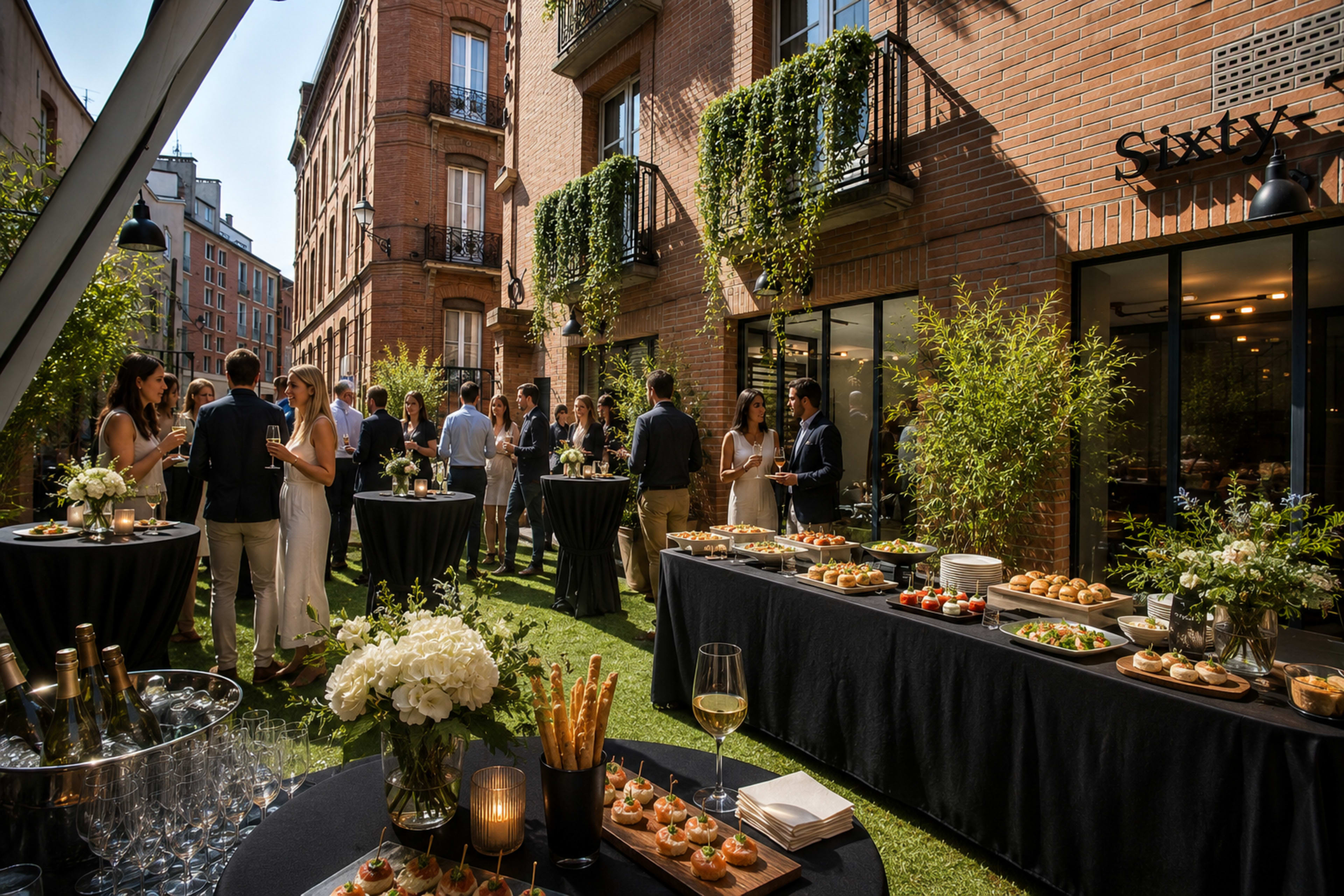 A group of people is socializing at an outdoor event in a courtyard lined with greenery, while tables display a variety of food and drinks.