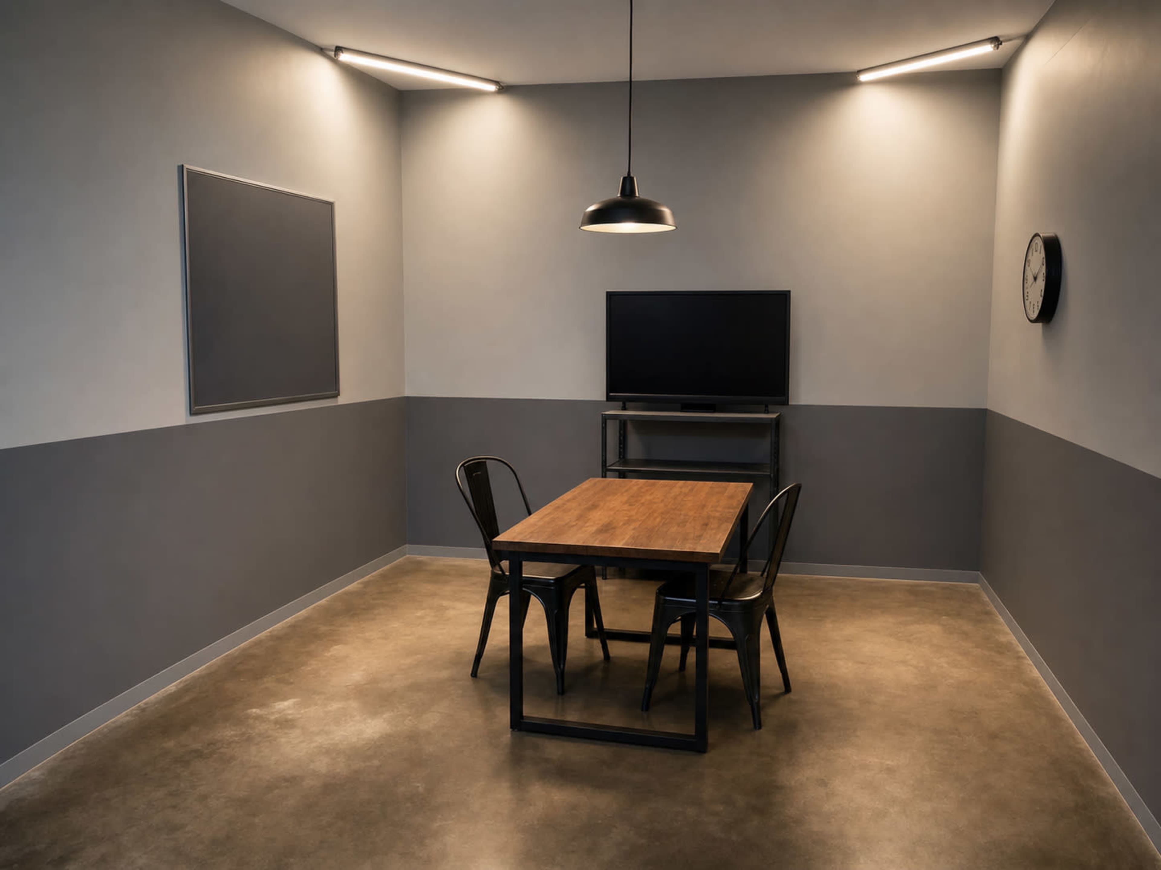 A simple room features a wooden table with four metal chairs, a mounted television, and a clock on the wall, illuminated by overhead lights.