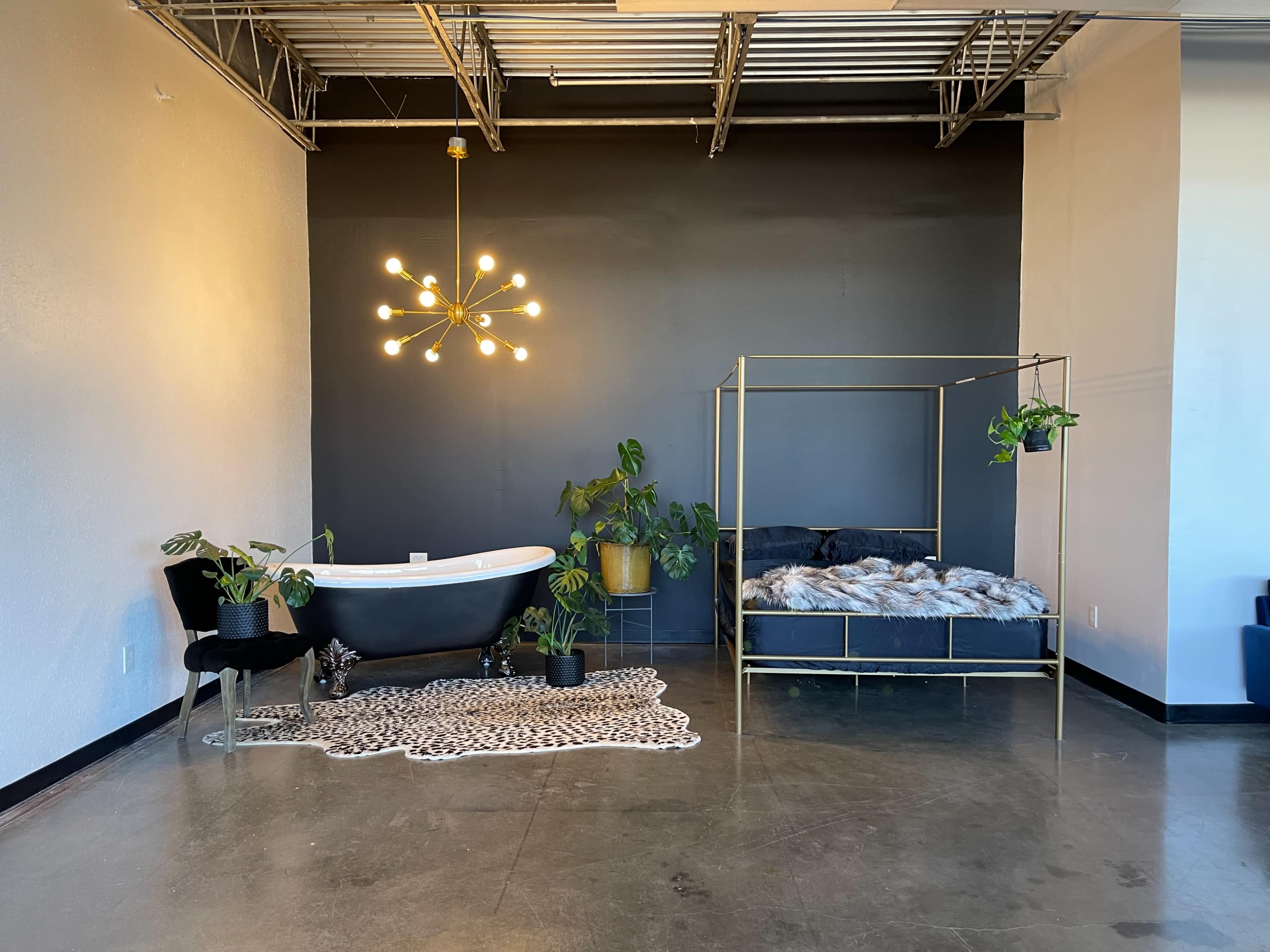 A spacious room with a black accent wall, featuring a freestanding bathtub, a gold canopy bed adorned with plants, a patterned rug, and a modern chandelier.