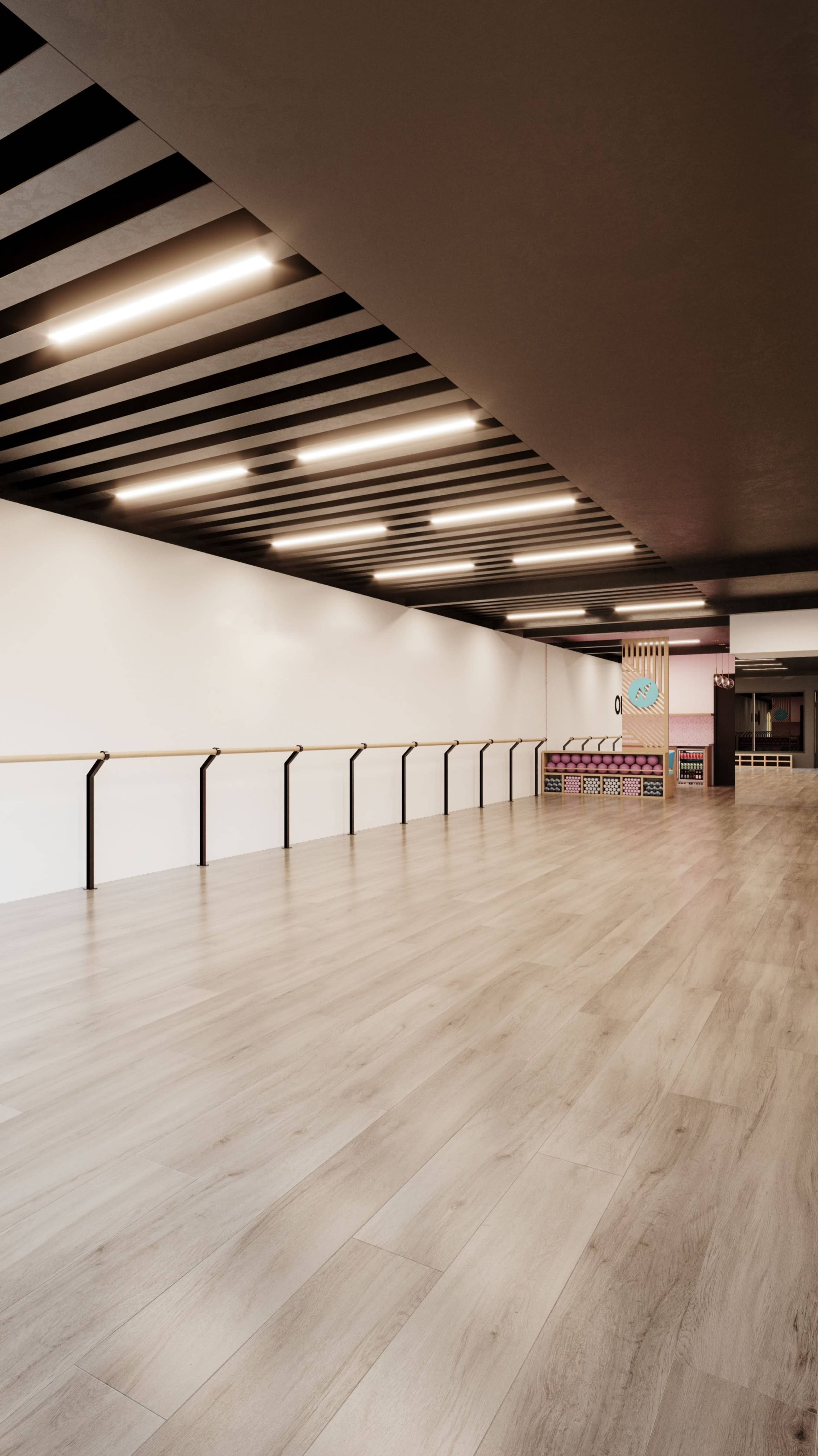 The image shows a spacious, empty dance studio with wooden floors, a ballet barre along one wall, and overhead lighting.