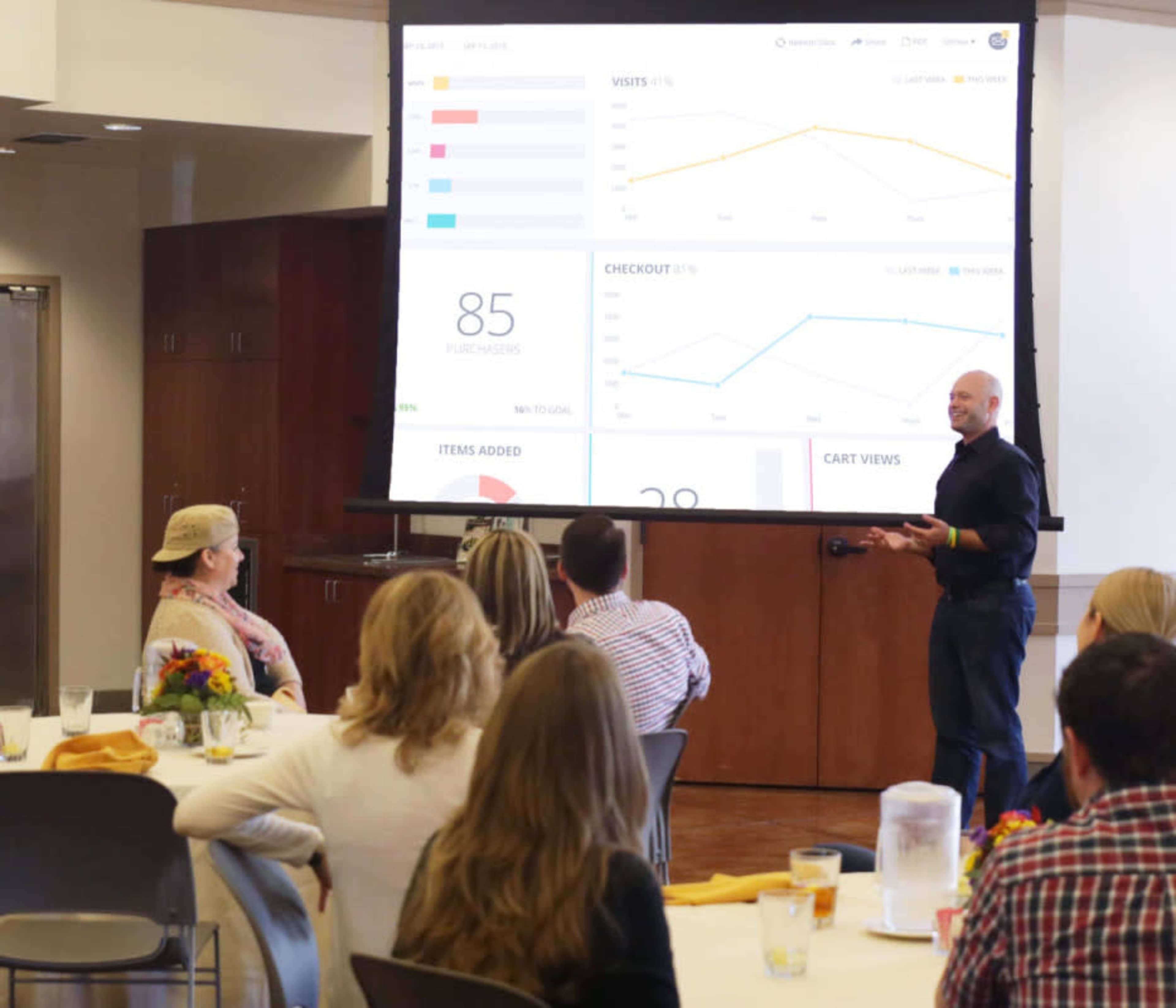 A presenter stands in front of a large screen displaying data analytics while an audience observes seated at tables in a conference room.