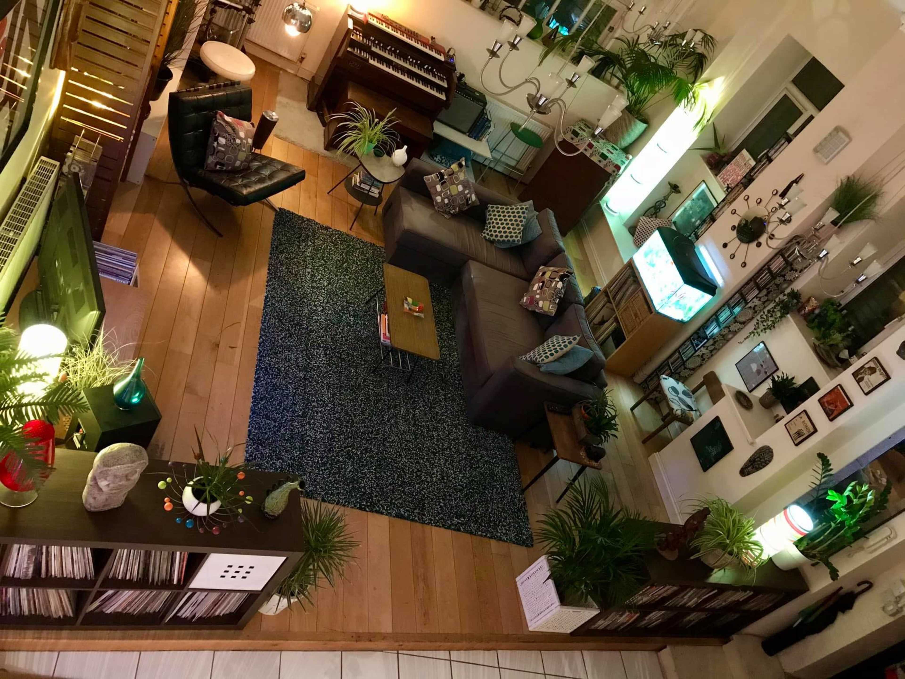 The image shows a cozy living room with a large rug, sectional sofas, plants, and a display of records along one wall.