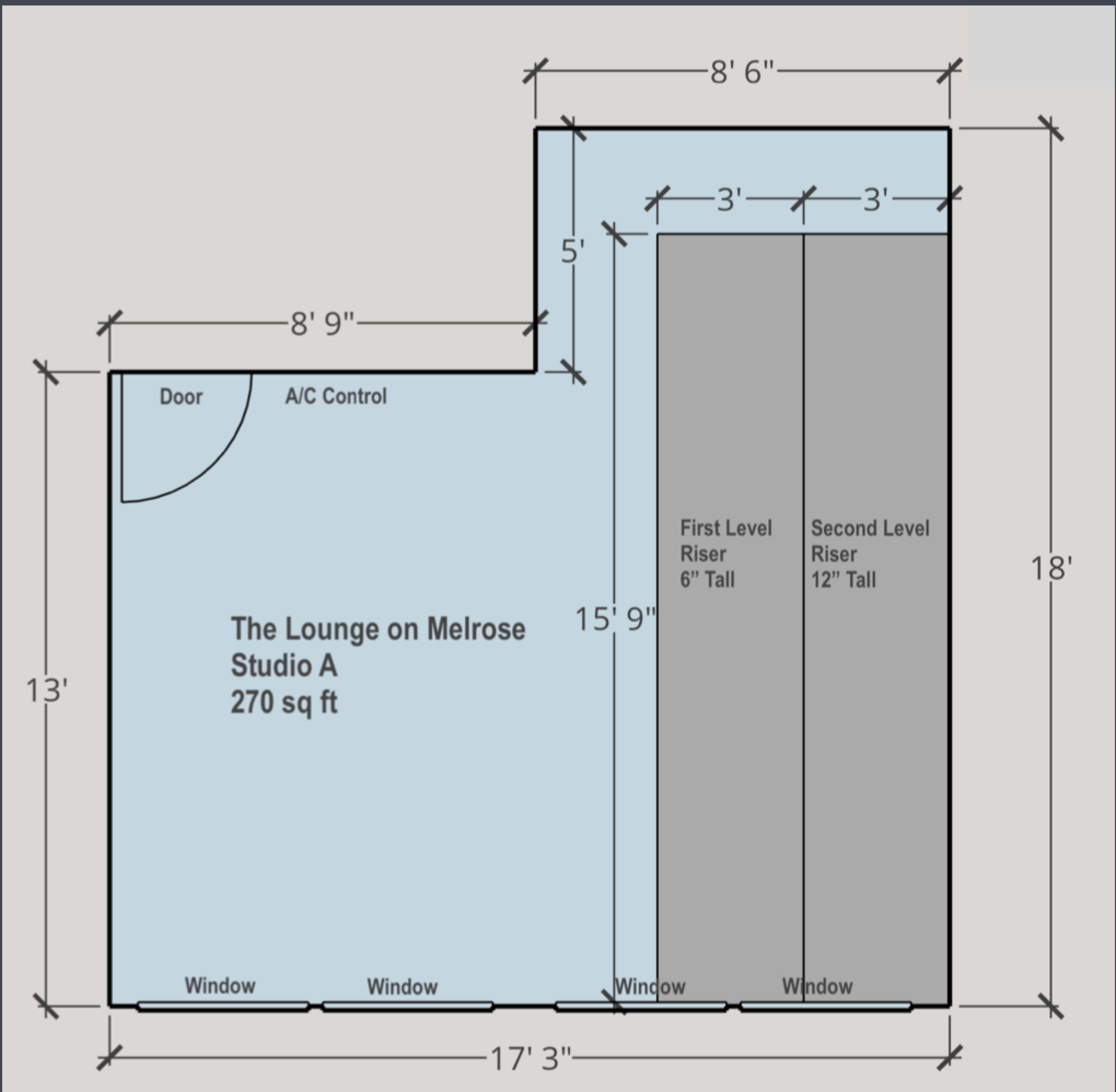 The image shows a floor plan of a studio labeled "The Lounge on Melrose," measuring 270 square feet, with dimensions for windows, risers, and a door.