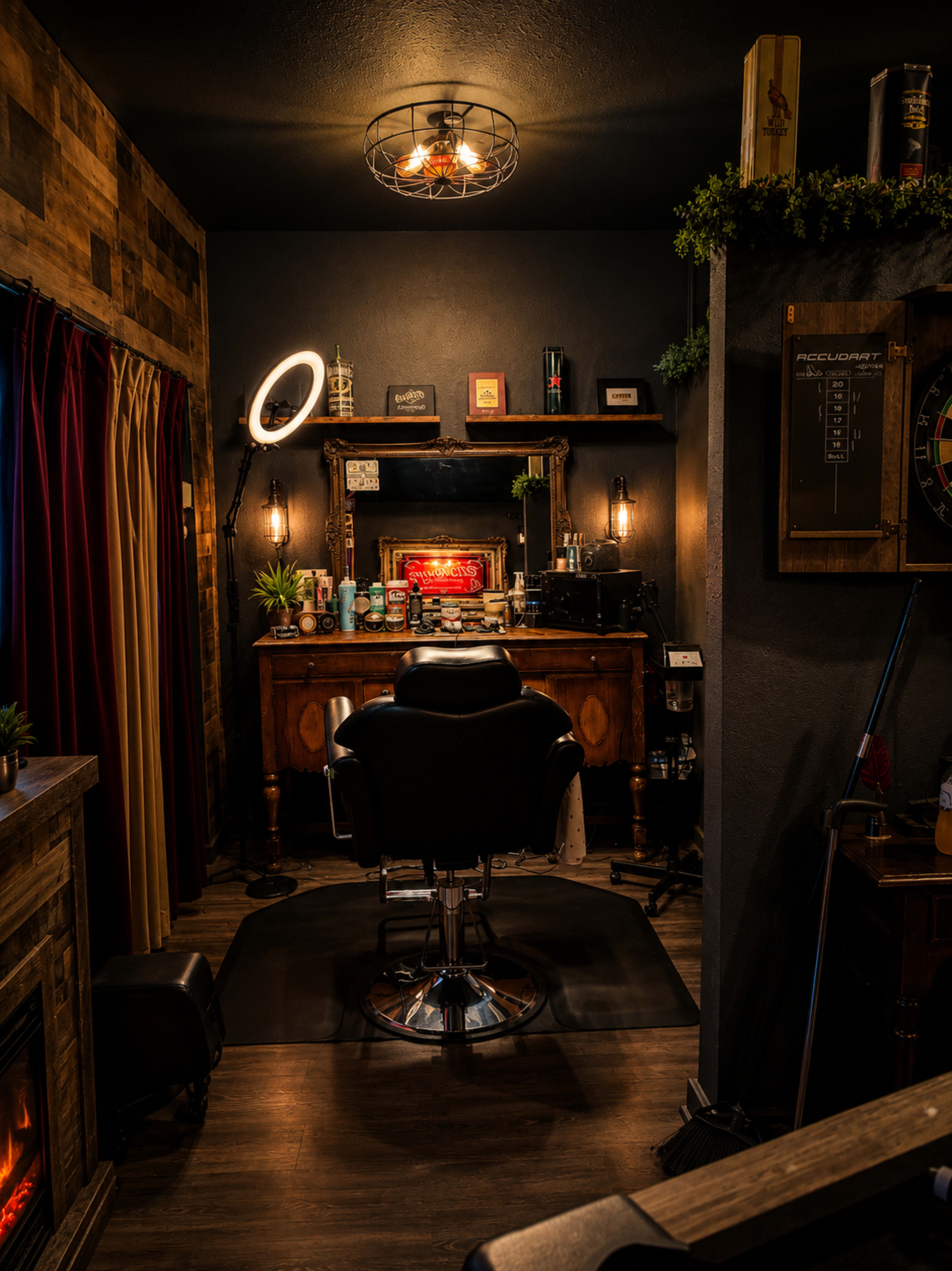 The image shows a small, dimly lit barbershop with a vintage barber chair and a wooden workstation adorned with various grooming products.