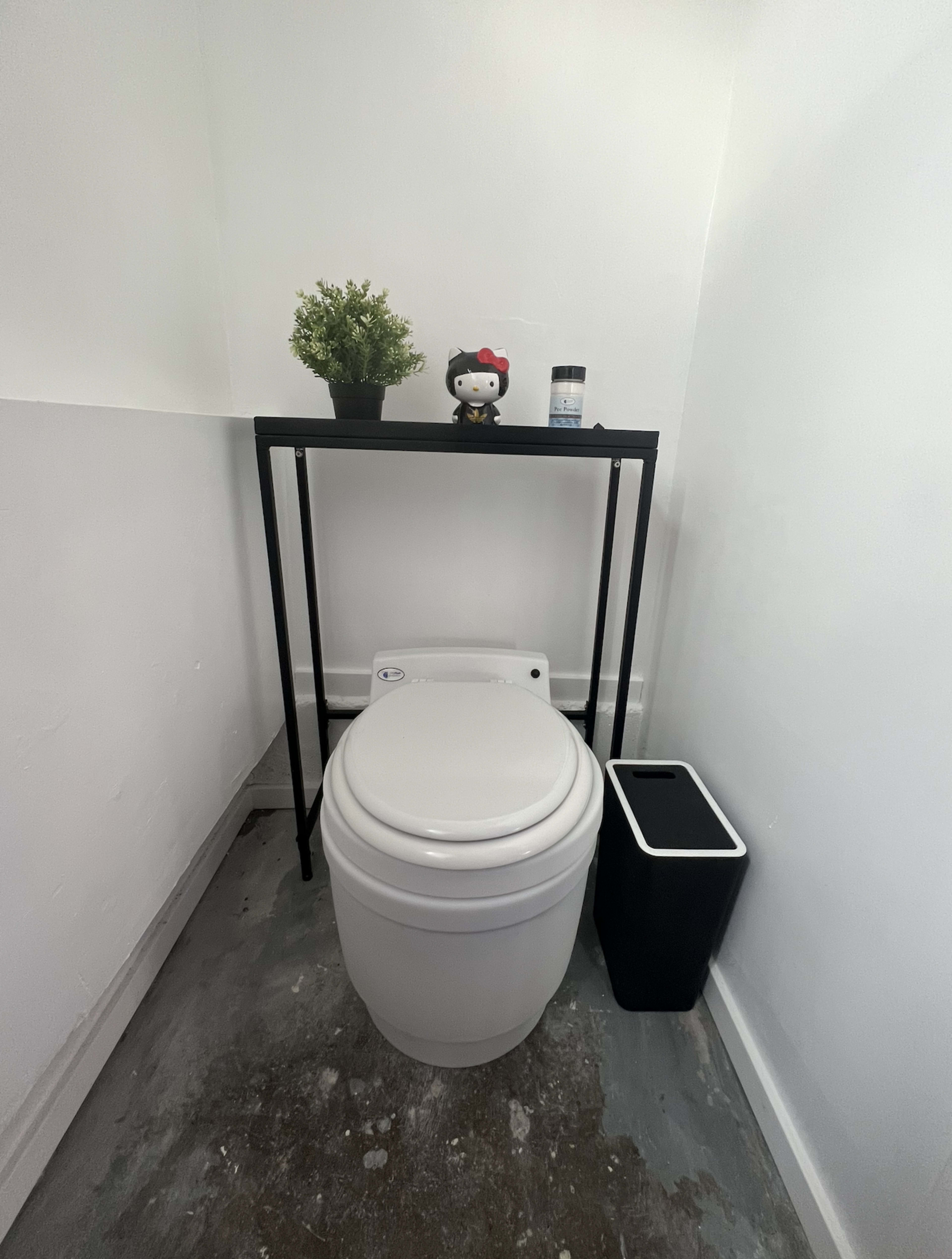 A white toilet is placed against a wall with a black metal shelf above it, featuring a small plant and a figurine, beside a black waste bin.