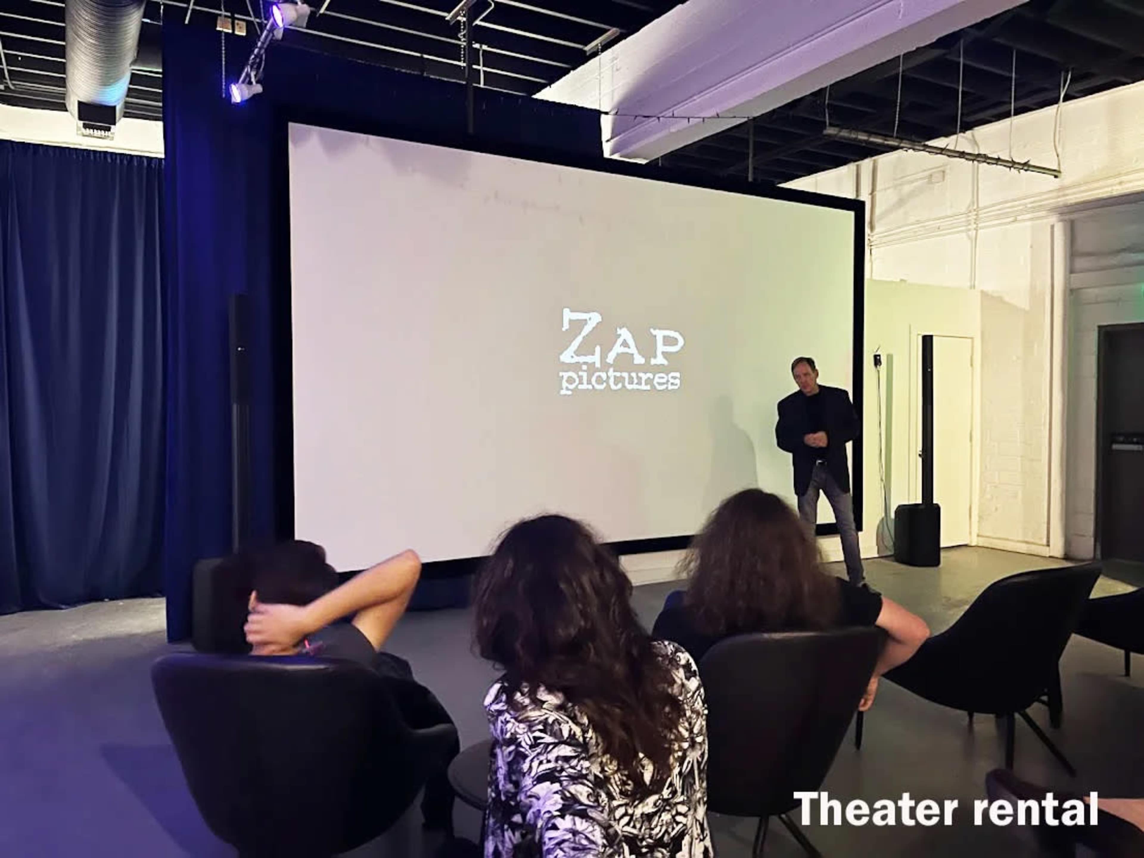 A speaker stands in front of a large screen displaying "ZAP pictures" to an audience seated in black chairs.