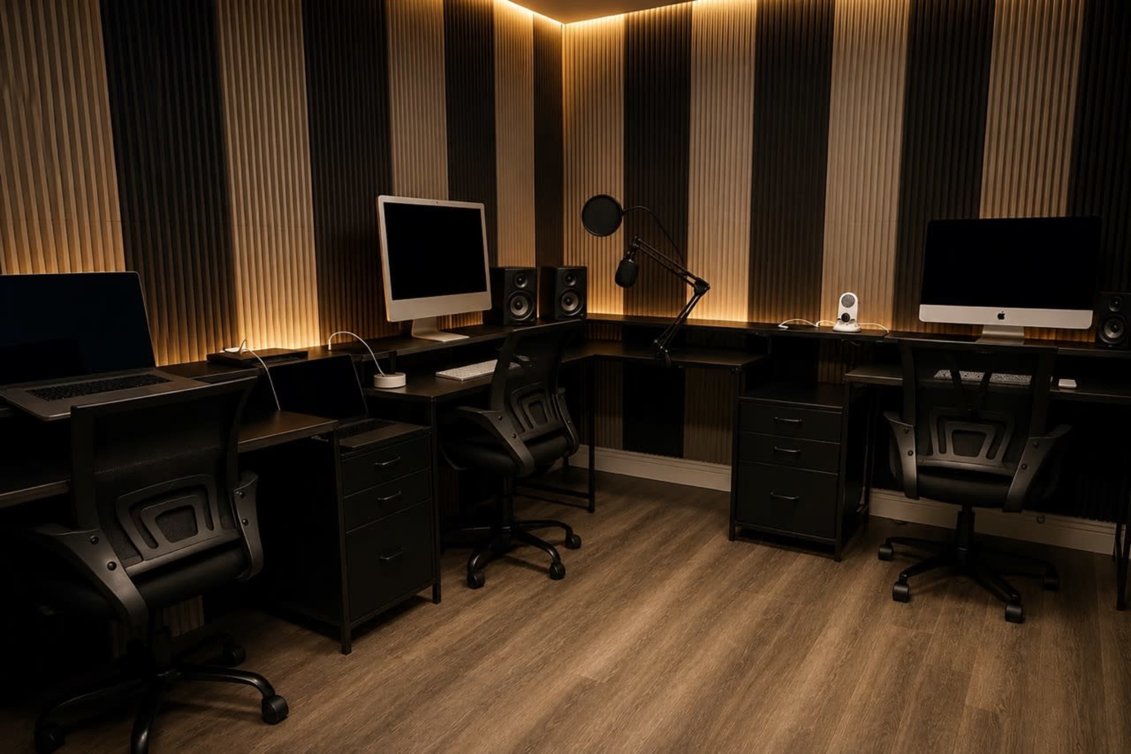 The image shows a modern office workspace with two desks, each equipped with computers and ergonomic chairs, illuminated by warm lighting against a backdrop of vertical wooden panels.