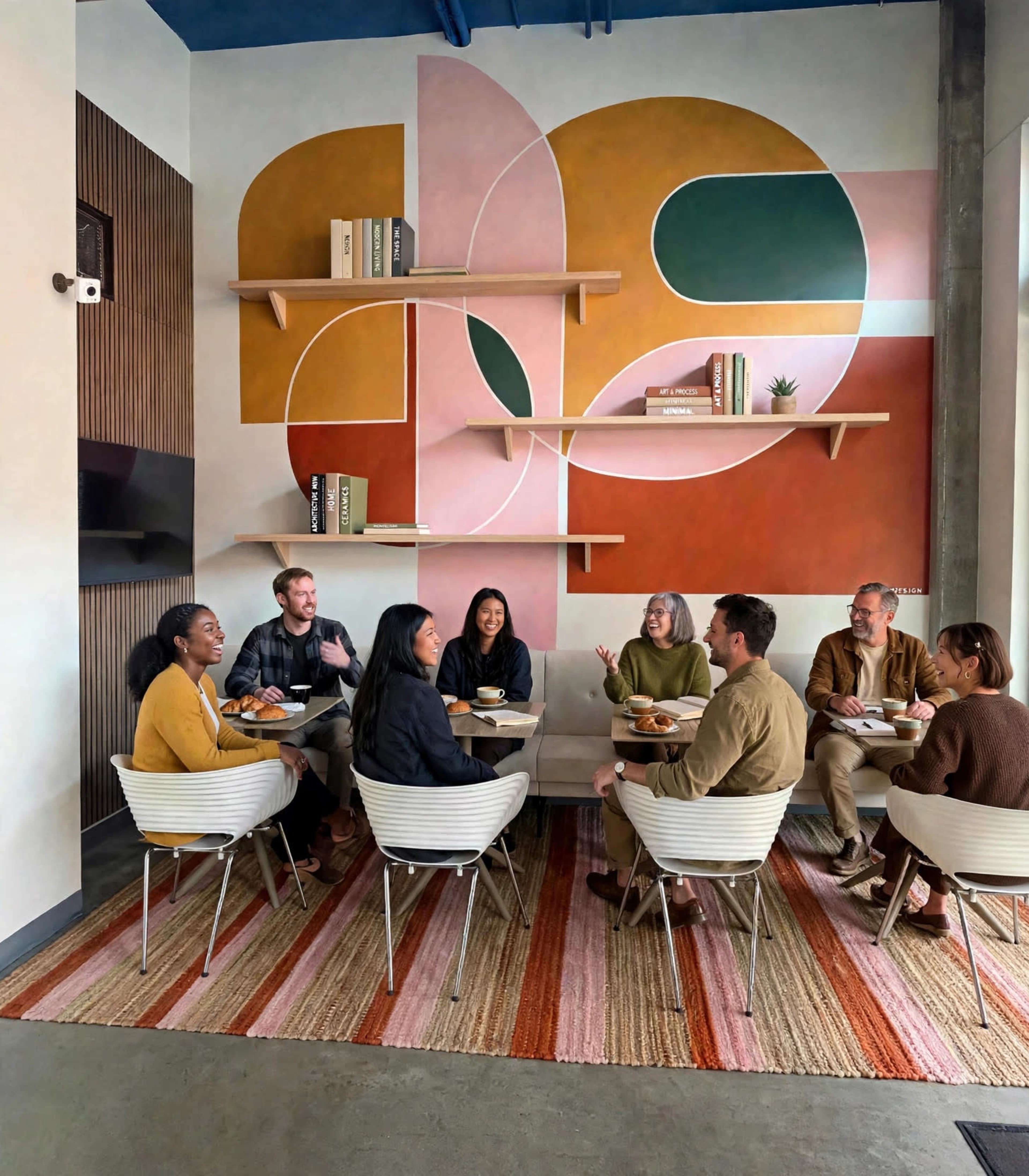 A group of seven people sits around a coffee table in a stylish lounge area, engaged in conversation, with colorful abstract wall art and bookshelves in the background.