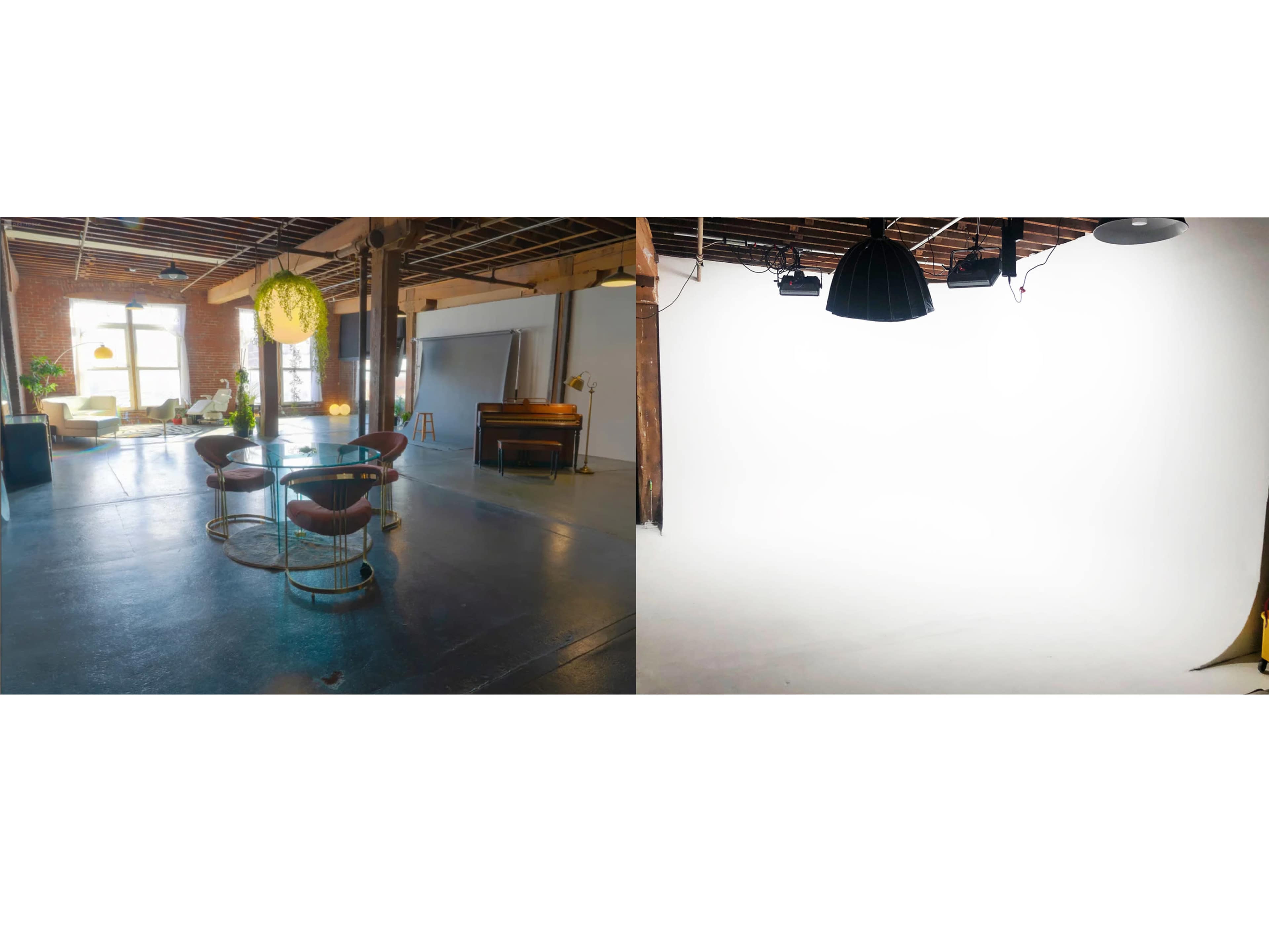 The image shows a creative studio space on the left with furniture and decor, and an empty white backdrop set up for photography on the right.