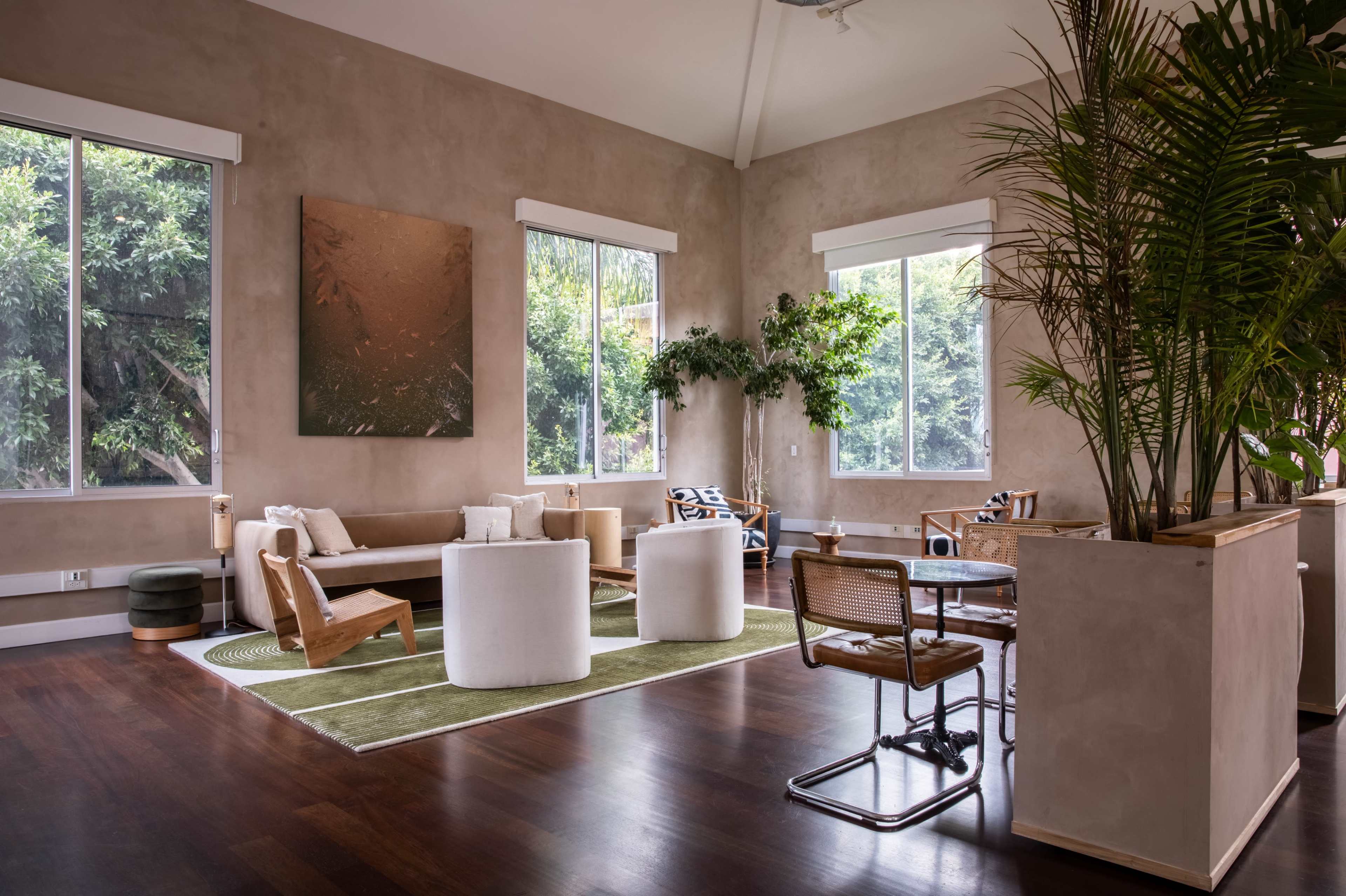 A bright living room features large windows, minimal furniture, and lush plants, with a green area rug in the center.