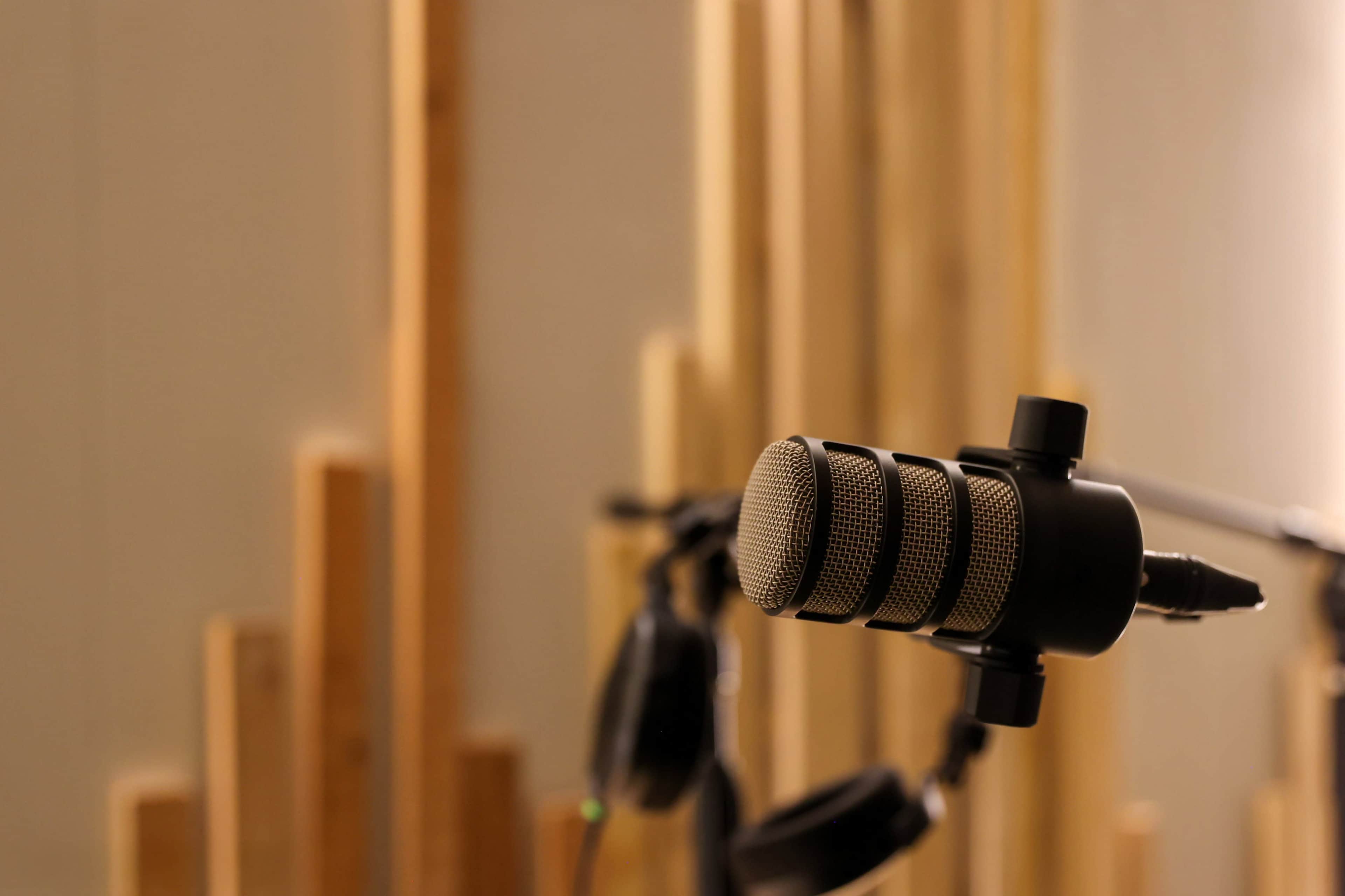 A microphone is positioned in a recording studio, with wooden soundproofing panels blurred in the background.
