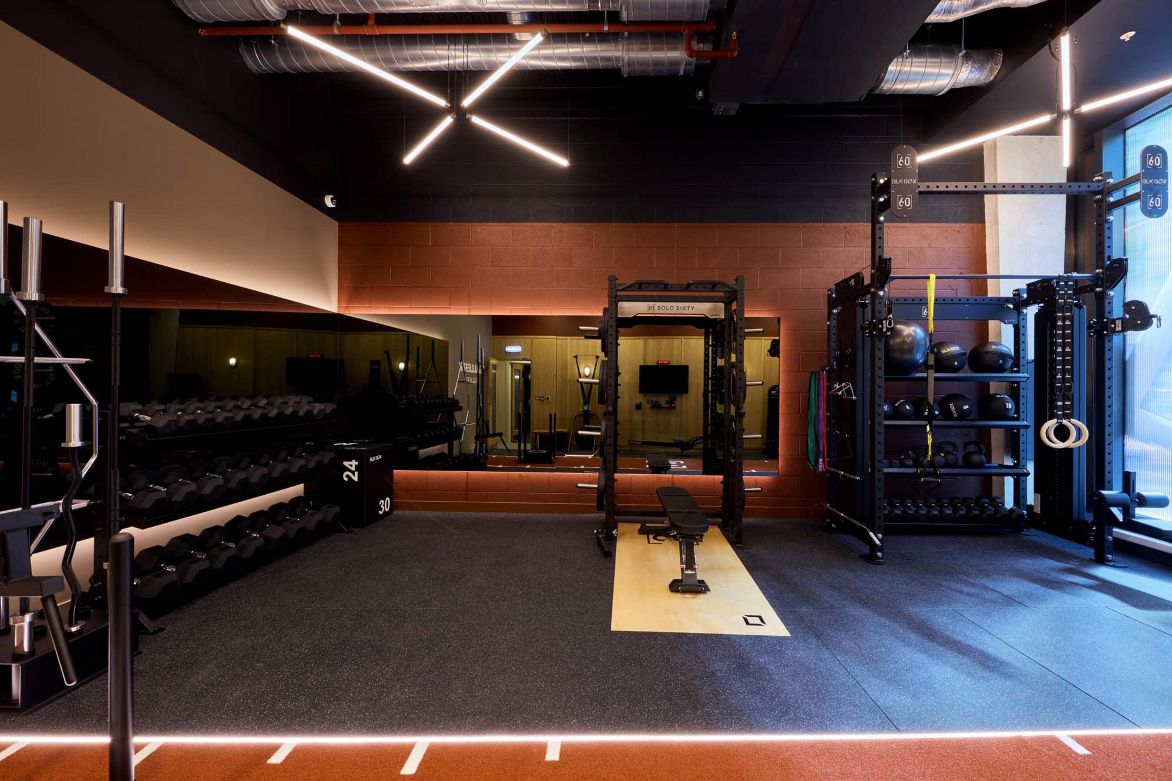The gym features a variety of fitness equipment, including dumbbells, a weight bench, and a rack for medicine balls, with a modern aesthetic and ample lighting.