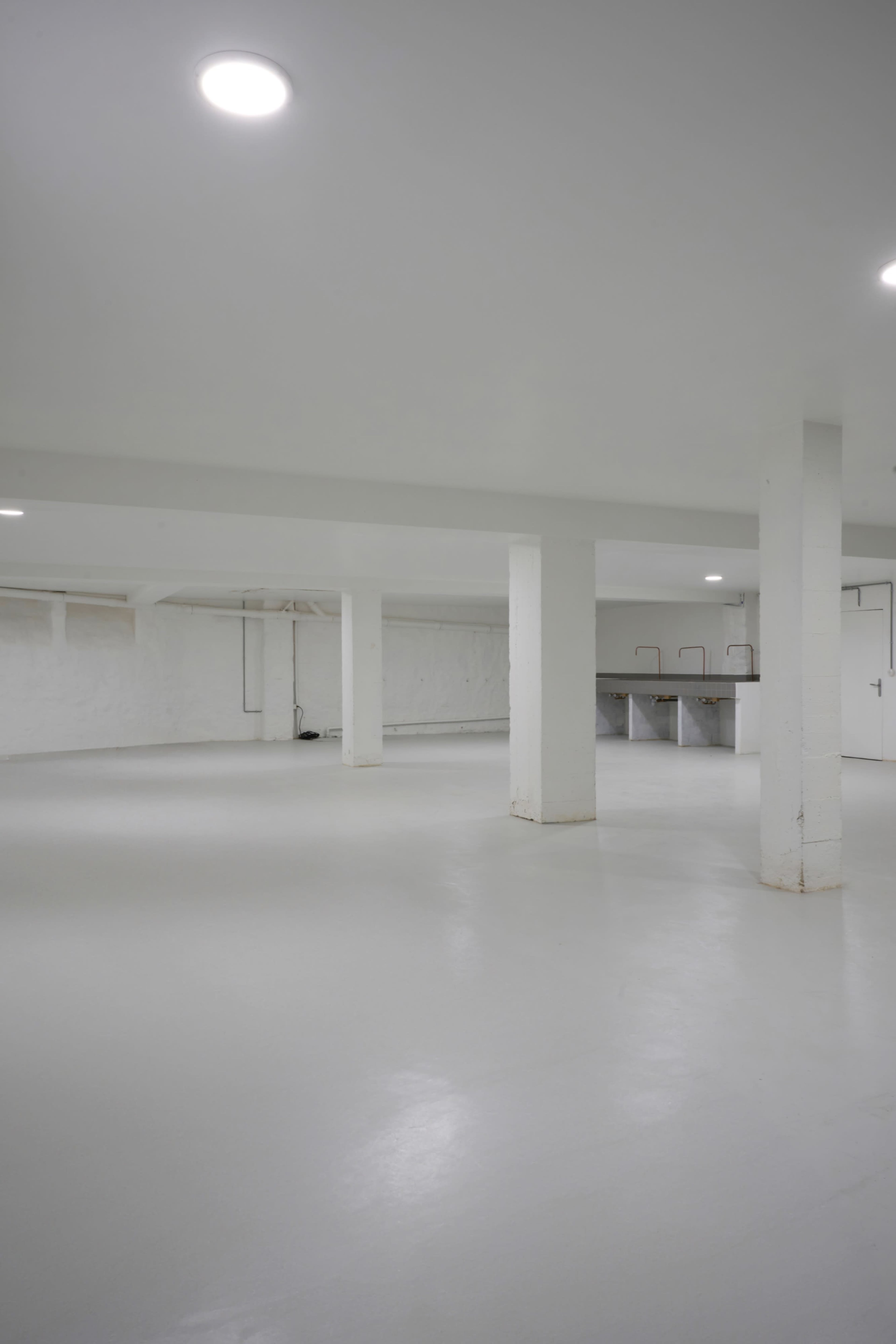A spacious, unfinished basement with white walls, concrete floors, and several supporting pillars.