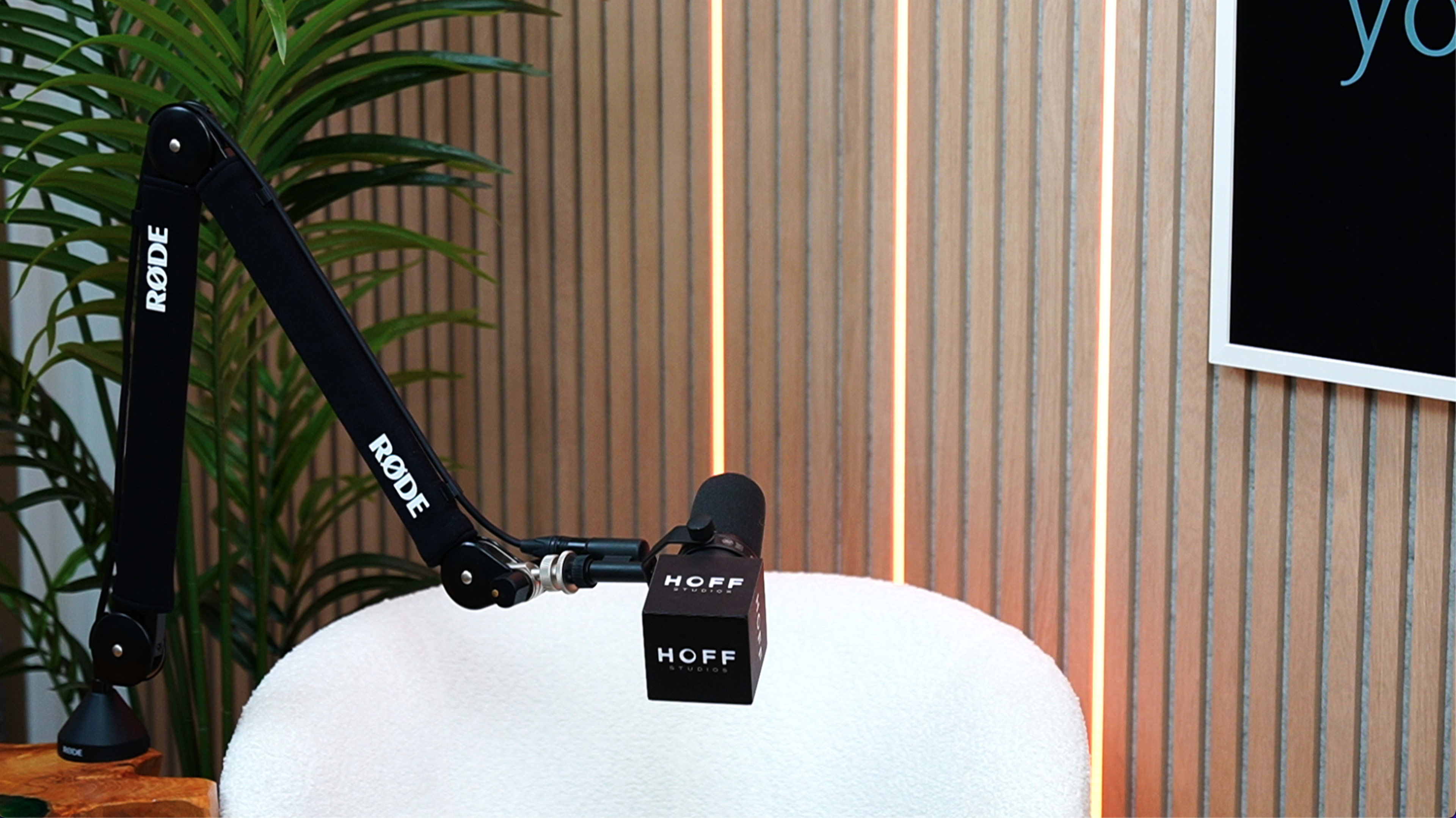 A Rode microphone is mounted on an adjustable arm beside a plush white chair and a decorative plant.