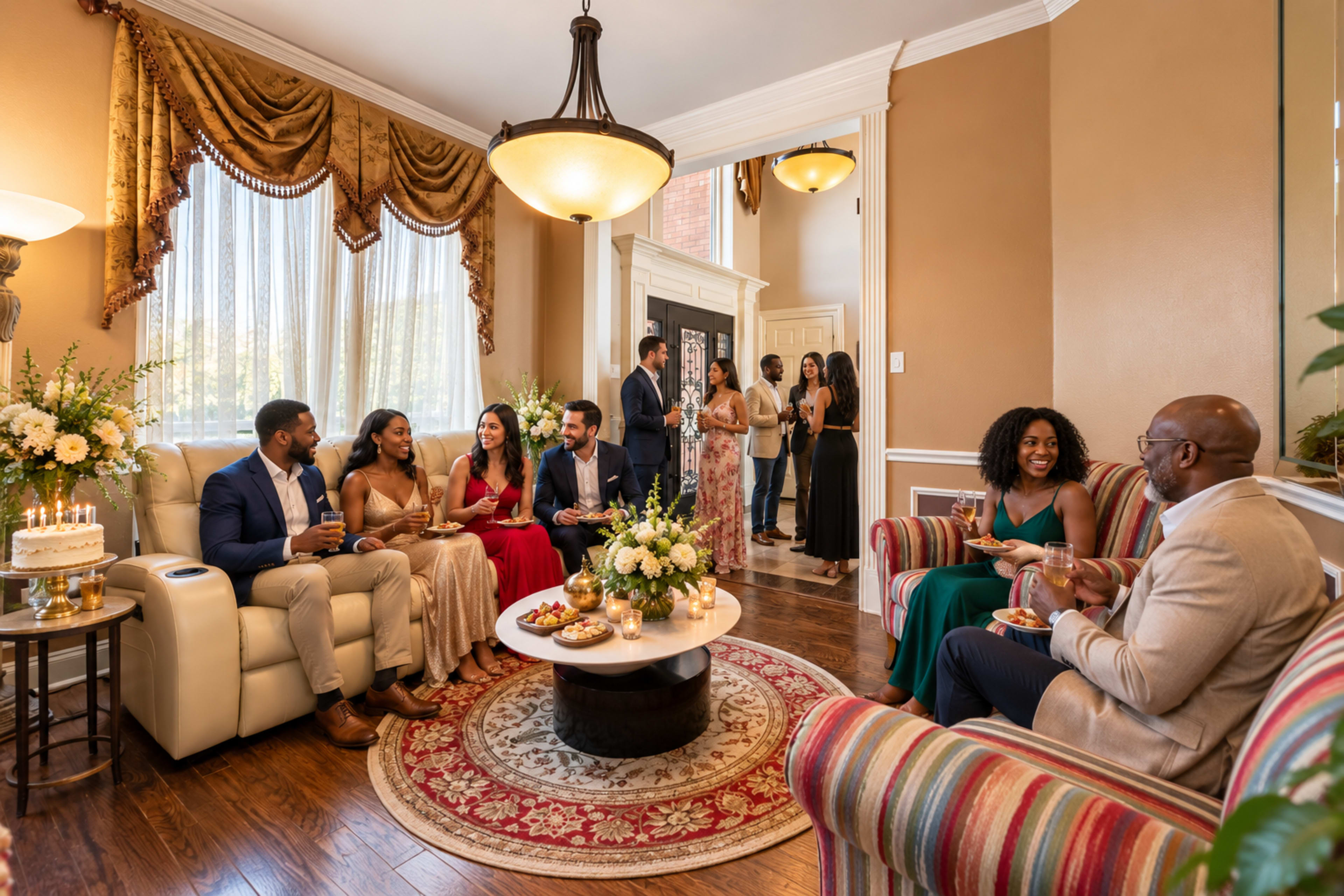 A group of elegantly dressed individuals socialize in a warmly lit sitting room adorned with floral arrangements and decorative furnishings.