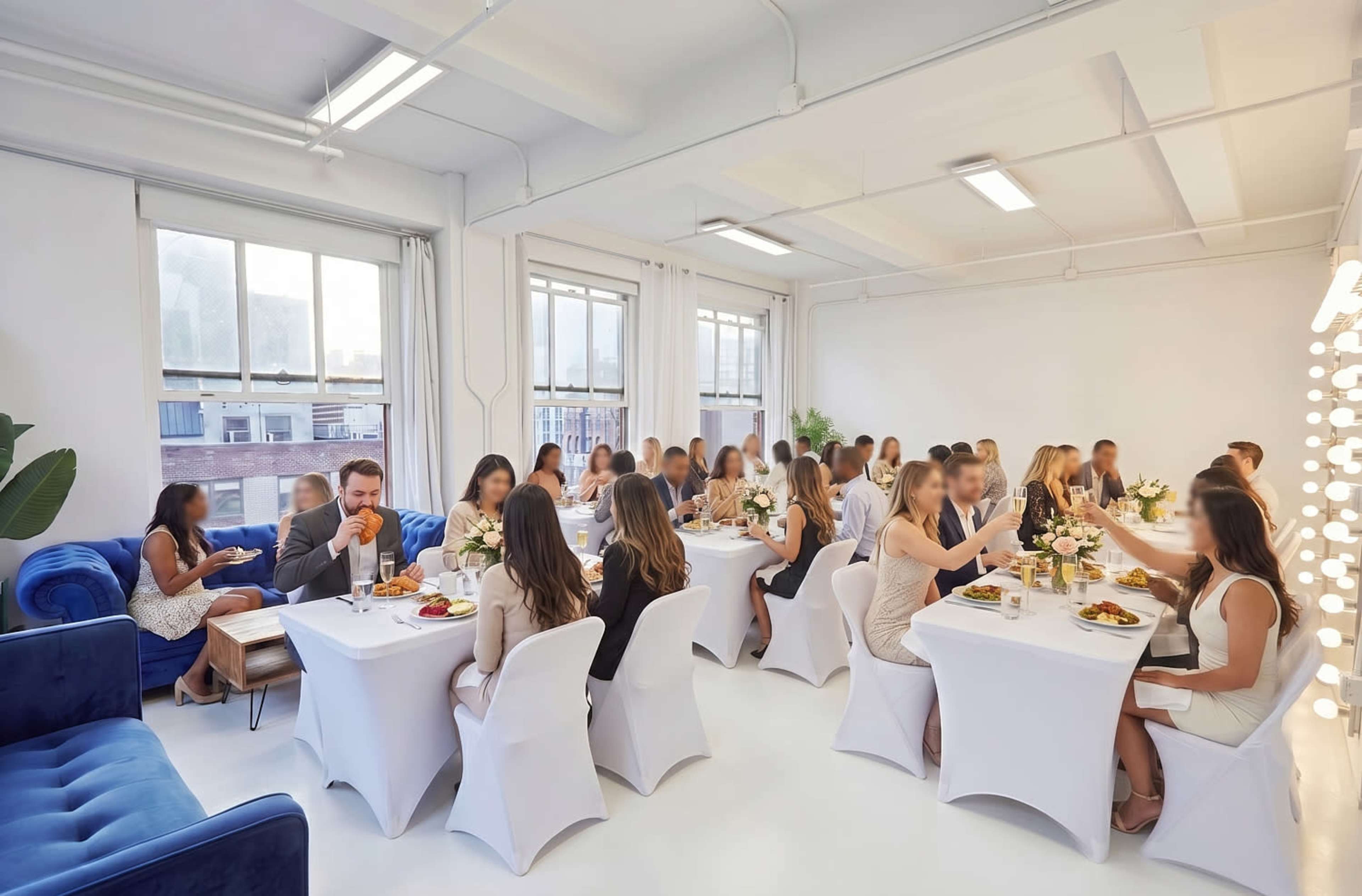 A group of people is dining at elegantly set tables in a bright, modern room with large windows.