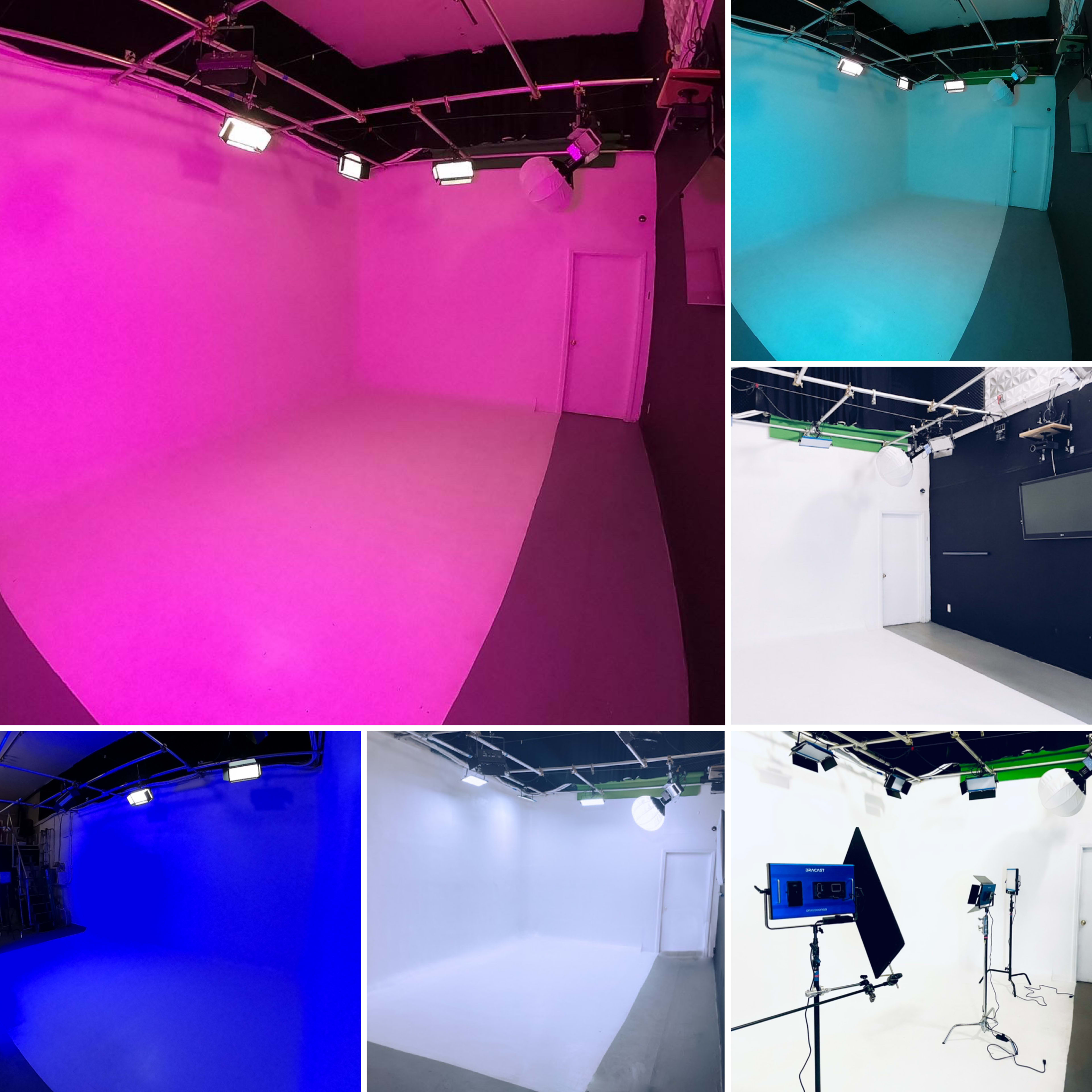 A series of studio spaces featuring various colored backdrops, including pink, blue, and white, with lighting setups visible in each area.