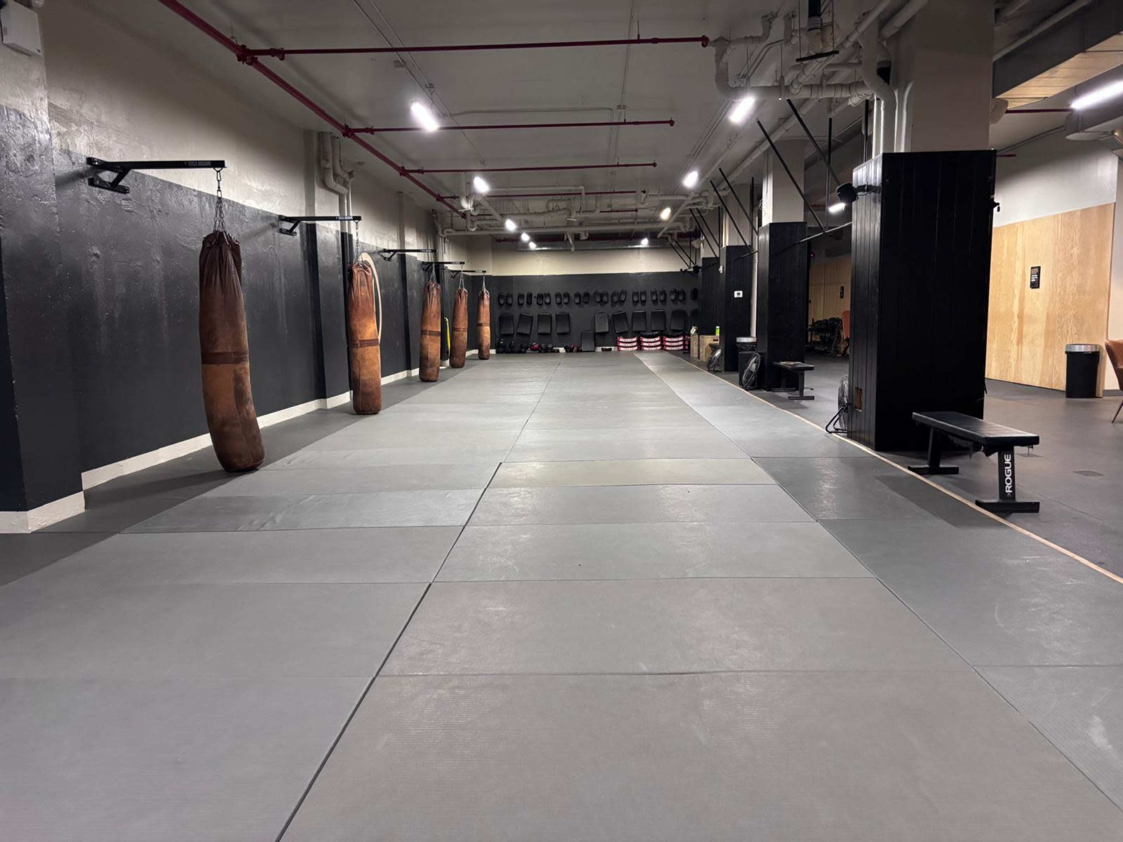 The image shows a spacious training facility with several punching bags hanging from the ceiling and padded flooring throughout.