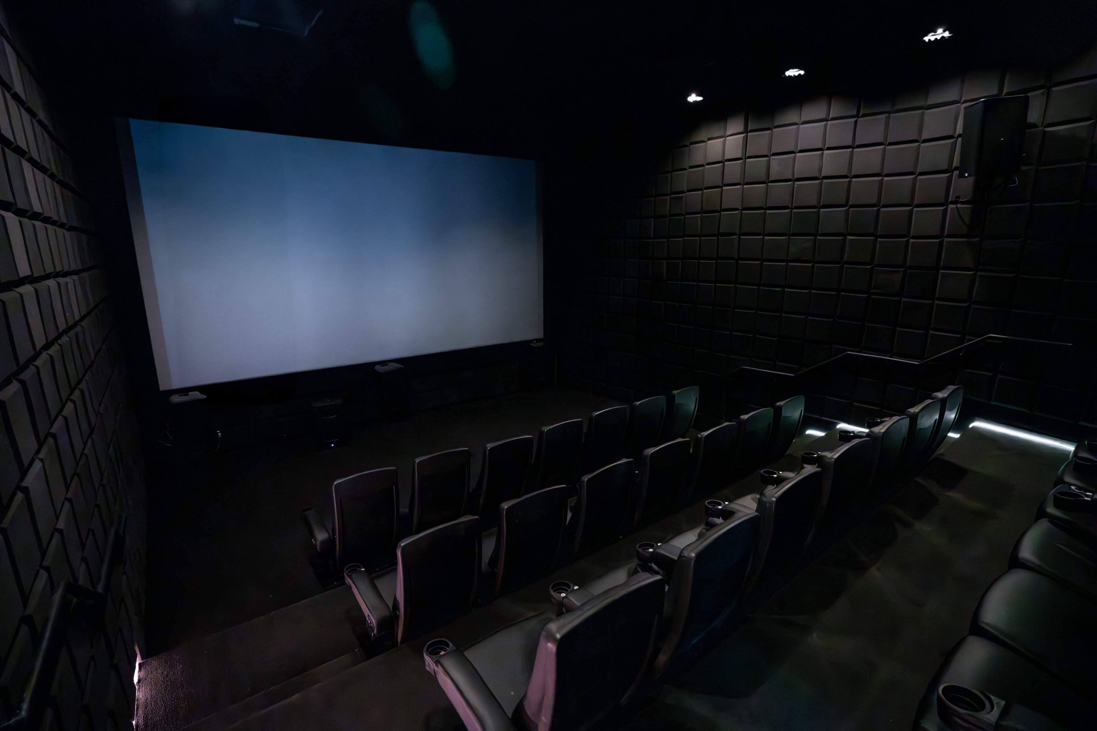 The image shows a darkened movie theater with a large blank screen and rows of empty reclining seats.