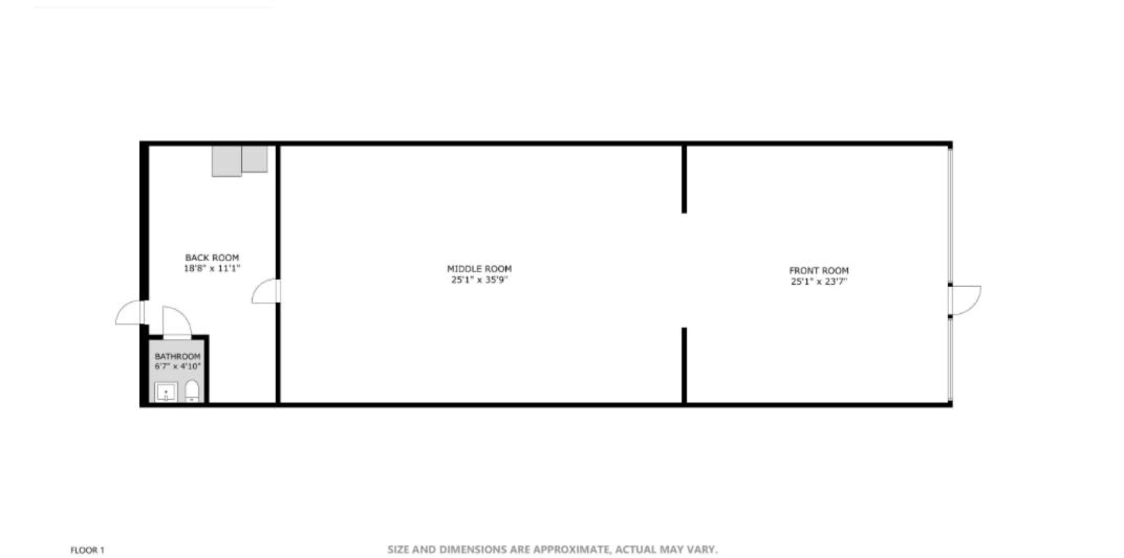 The image shows a floor plan layout of a building with three rooms labeled as the back room, middle room, and front room, along with a bathroom in one corner.