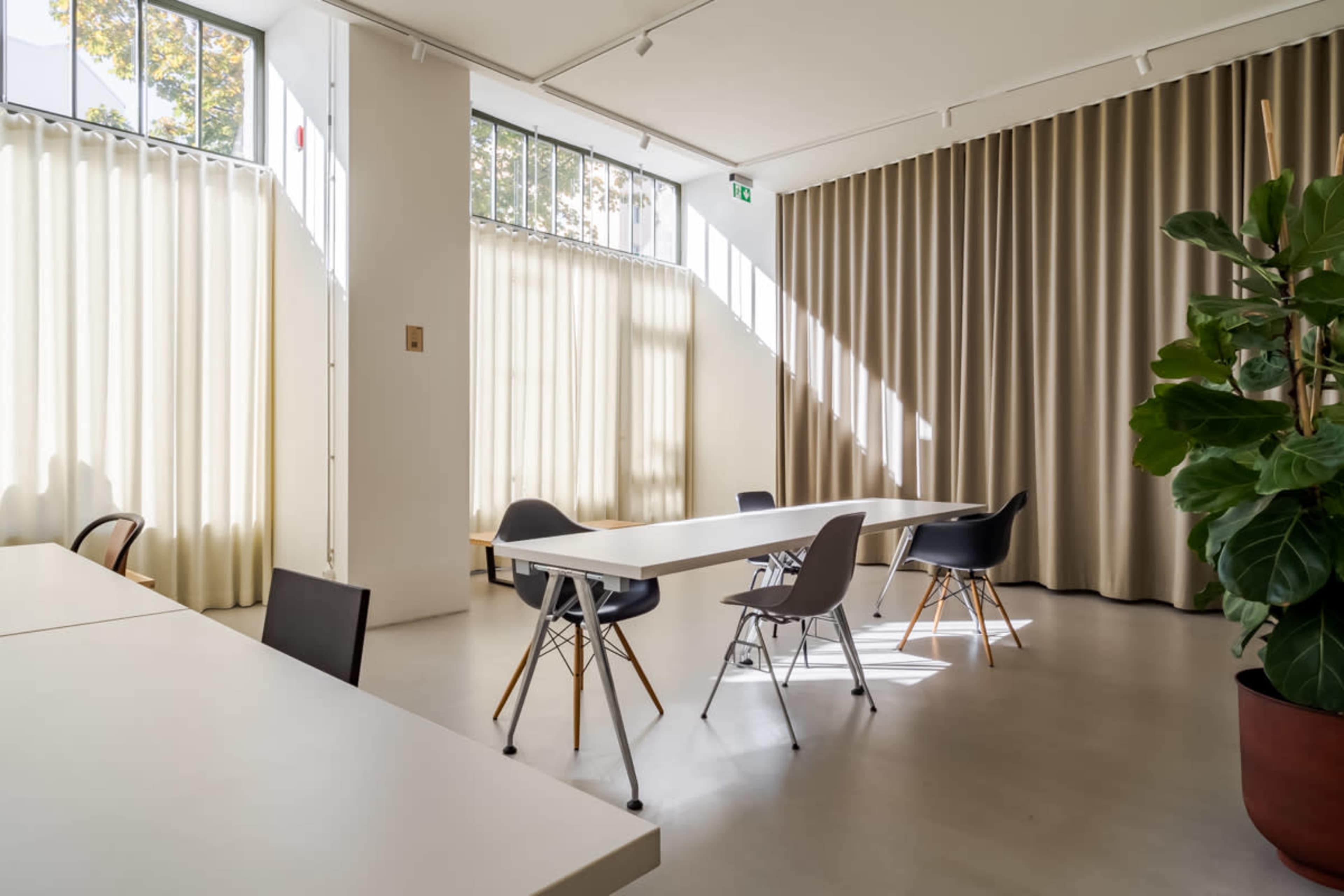 A modern, minimalist room with a long white table, several chairs, large windows with curtains, and a potted plant in the corner.