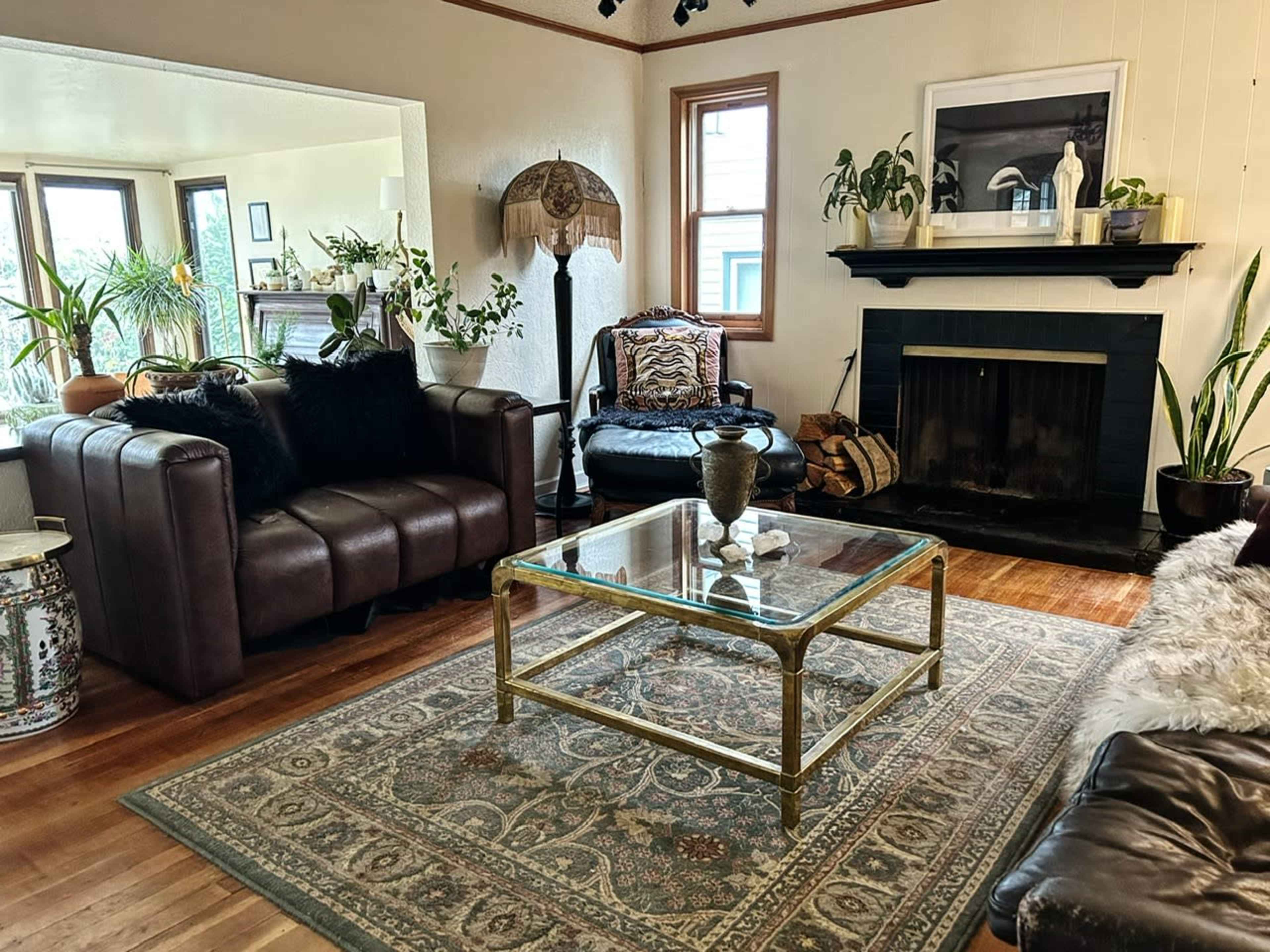 A cozy living room with two leather sofas, a glass coffee table, a patterned area rug, and indoor plants surrounding a fireplace.