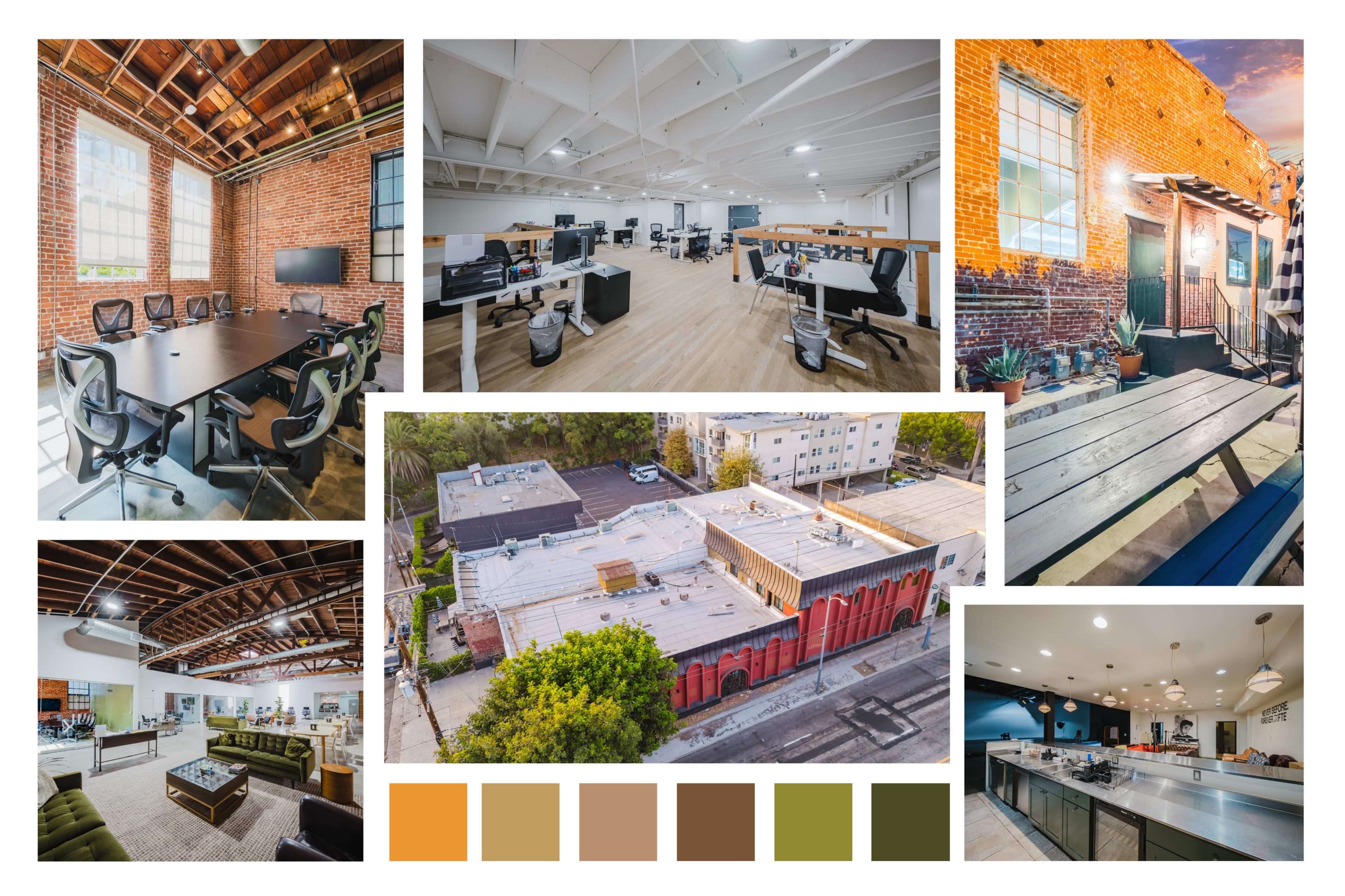 The image showcases a collage of diverse workspace settings, including a conference room, open office area, rooftop space, and communal lounge, featuring modern furnishings and various architectural details.