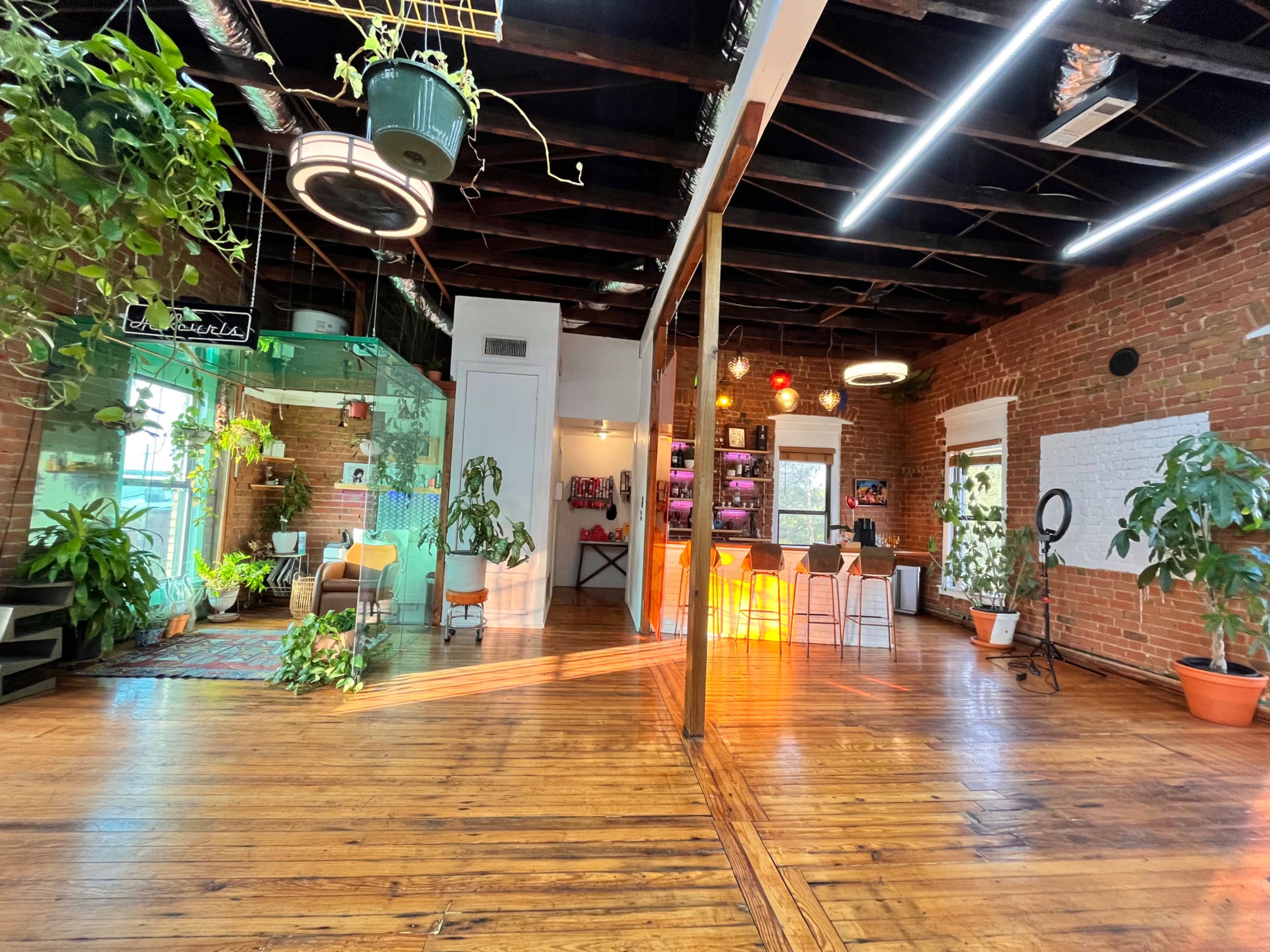 A spacious indoor area with wooden floors, exposed brick walls, and various plants, illuminated by natural light and modern lighting fixtures.