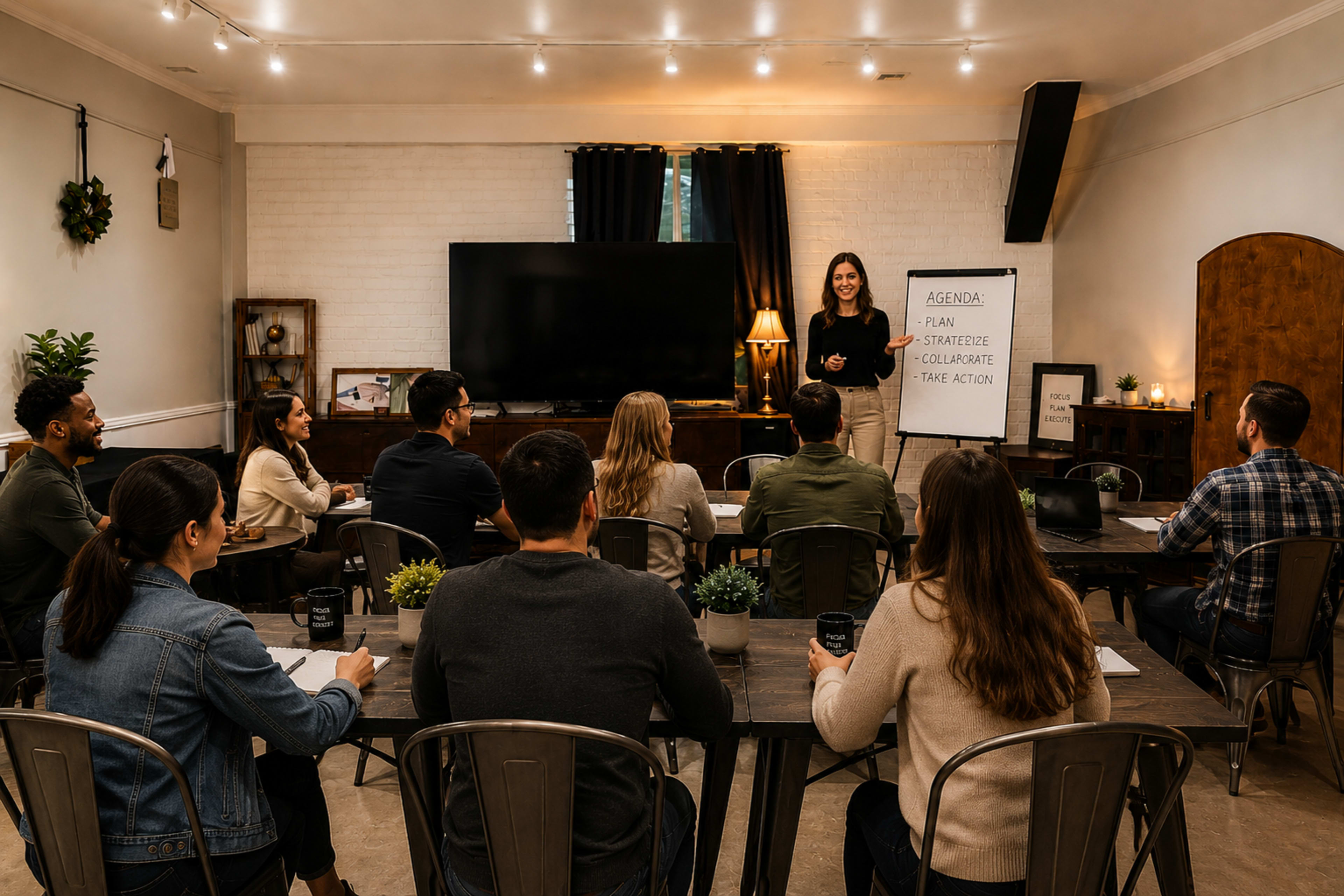 A group of people is seated in a conference room, listening to a woman presenting information on a whiteboard.