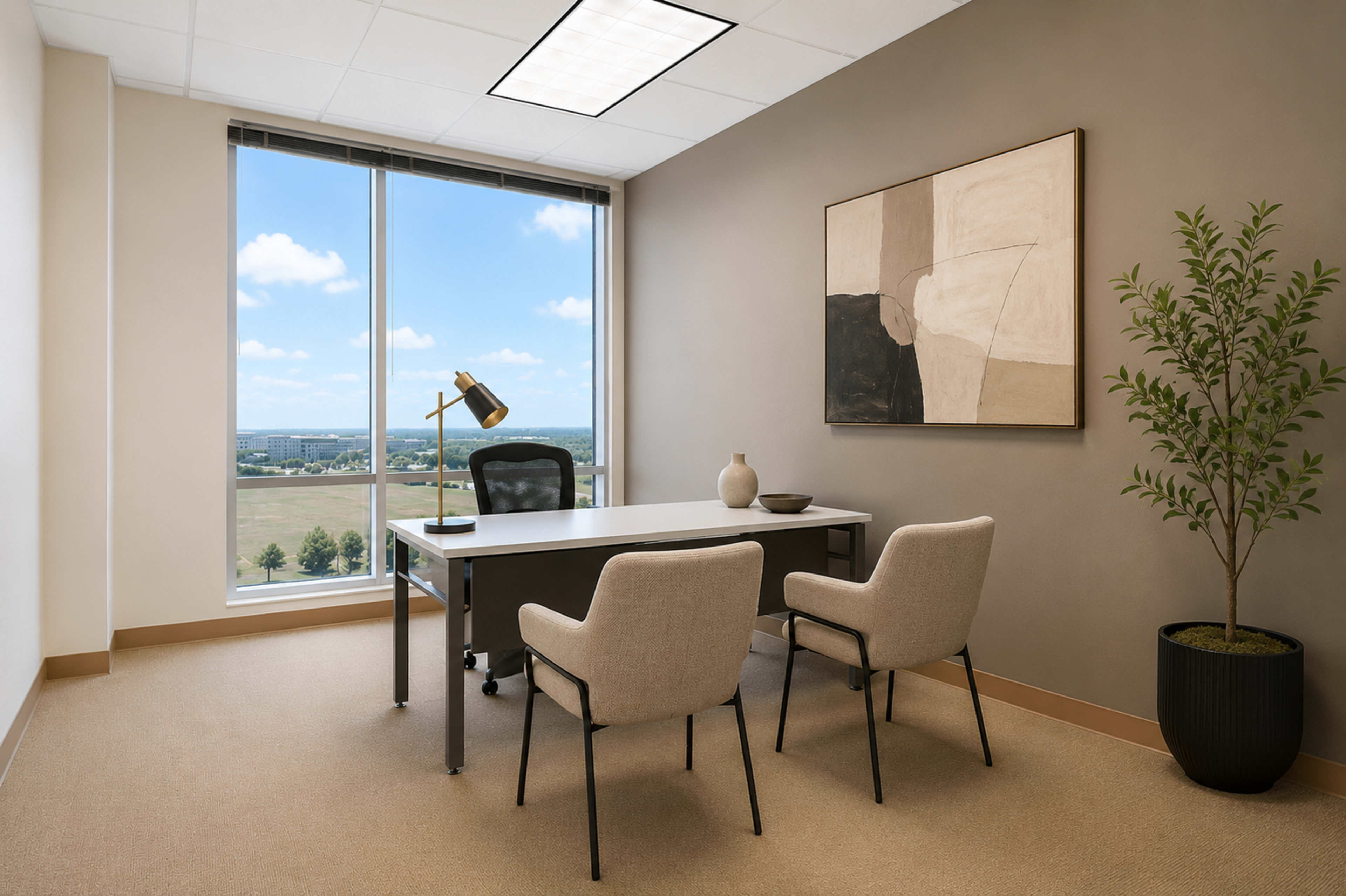 The image shows a modern office space featuring a desk, two chairs, a lamp, a potted plant, and a large window with a view.