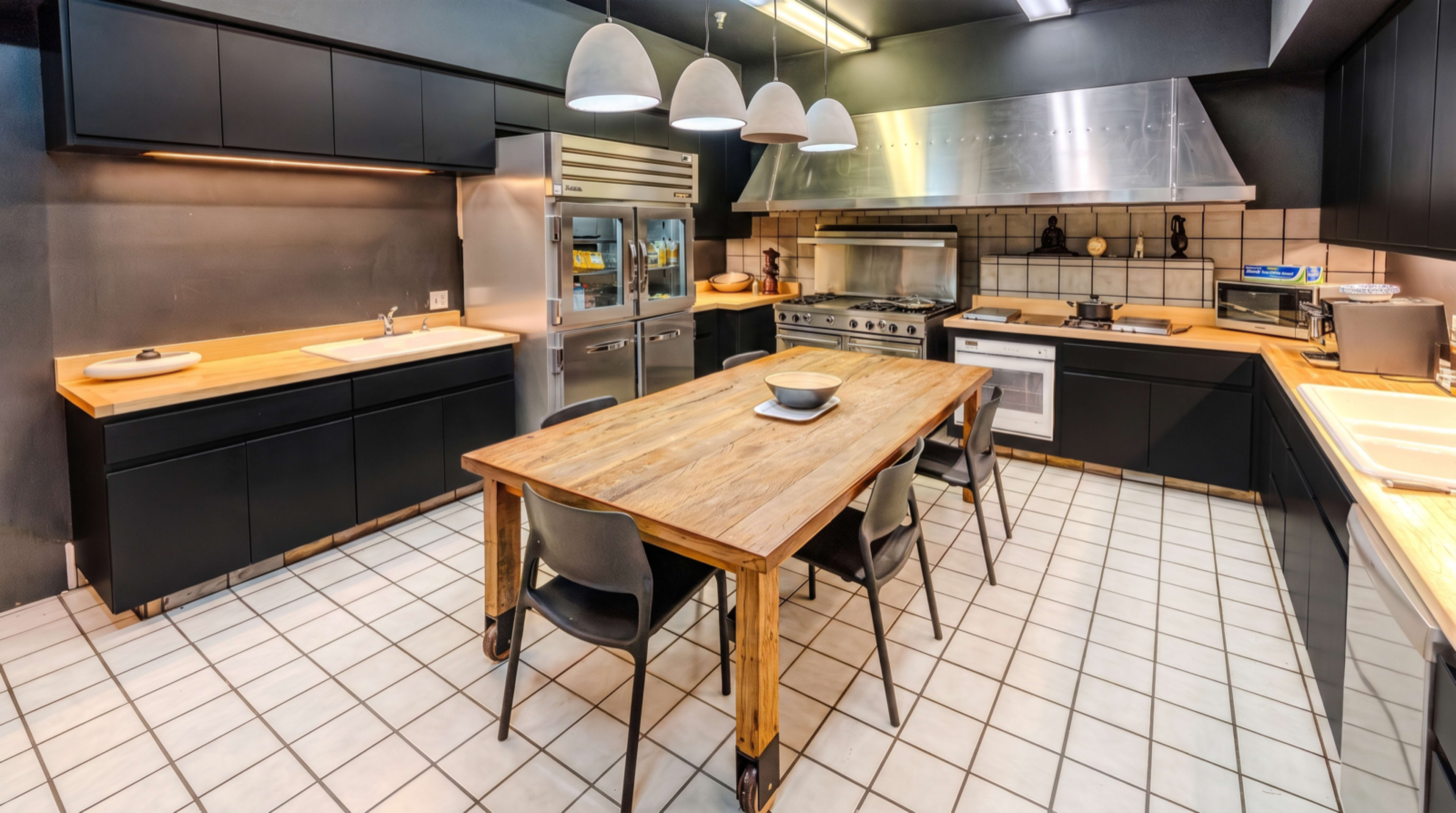 The image shows a modern kitchen featuring a central wooden dining table surrounded by chairs, stainless steel appliances, and dark cabinetry.